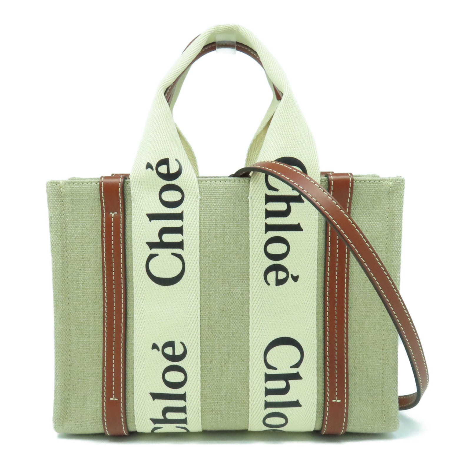 Chloe 帆布/皮革Small Woody Tote bag金扣手挽肩背兩用袋米色/啡色