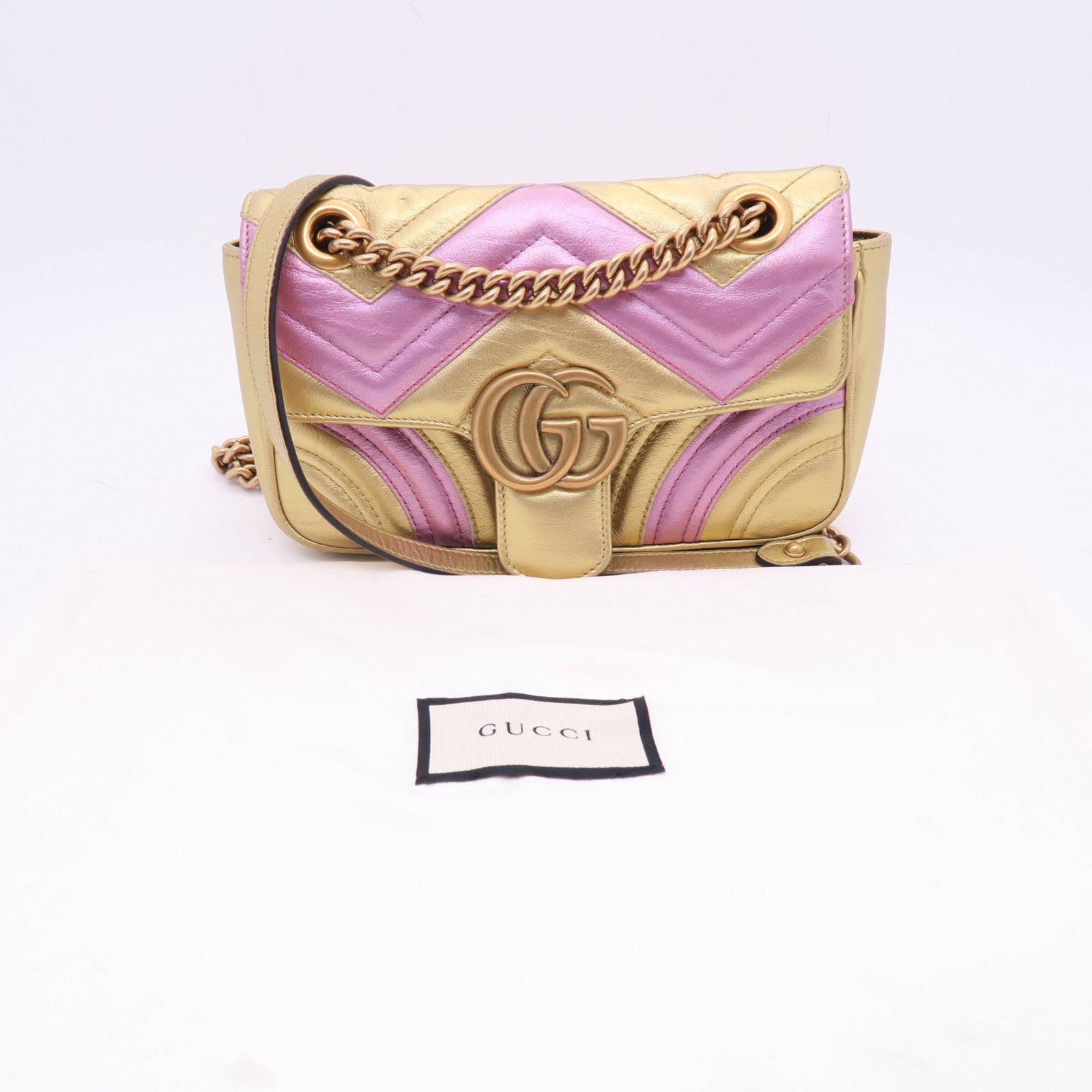 GUCCI 牛皮皮革GG Marmont Chain Shoulder金扣鏈帶肩背袋金色/粉紅色