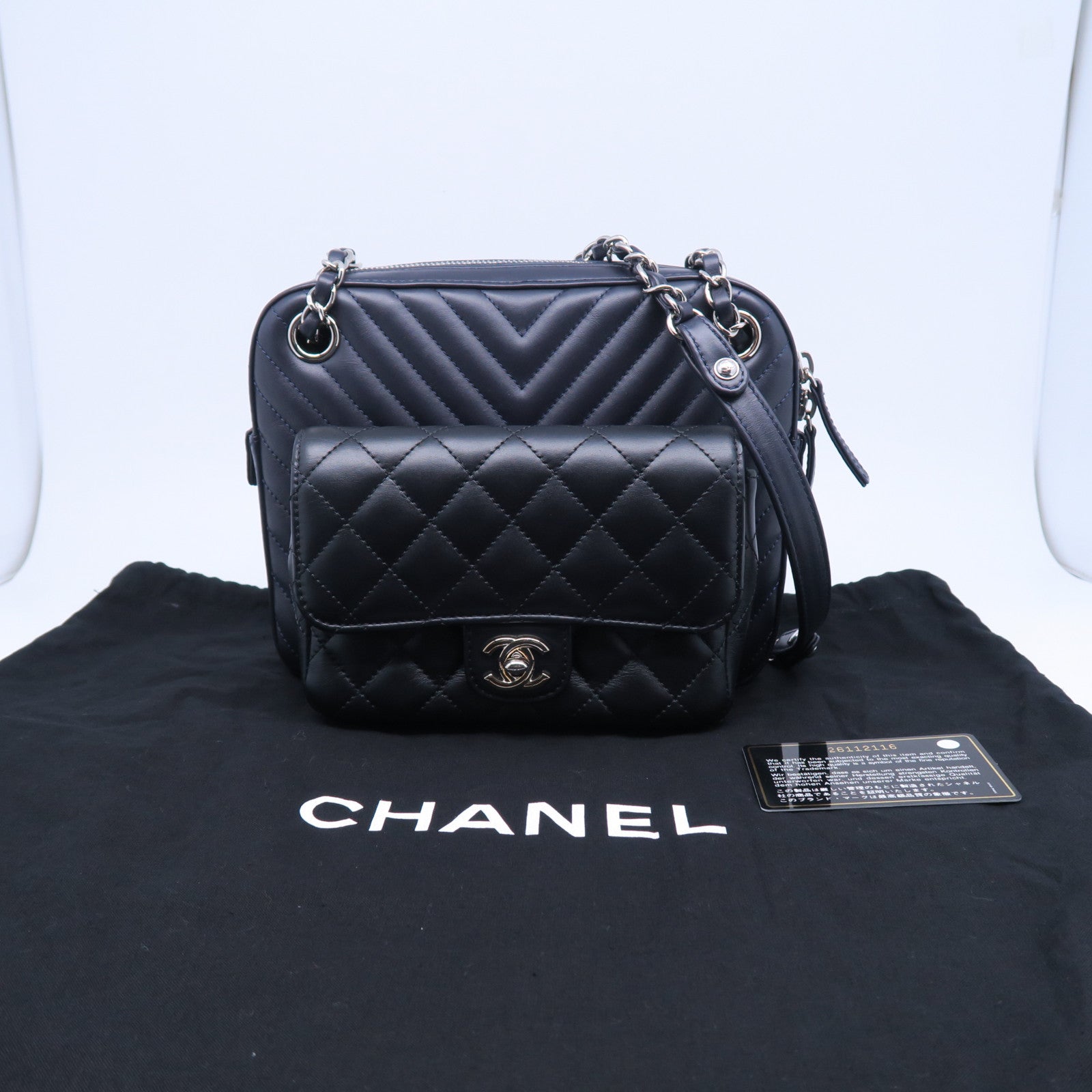CHANEL 斜紋/菱格牛皮皮革Chain Shoulder Bag銀扣鏈帶肩背袋深藍色/黑色