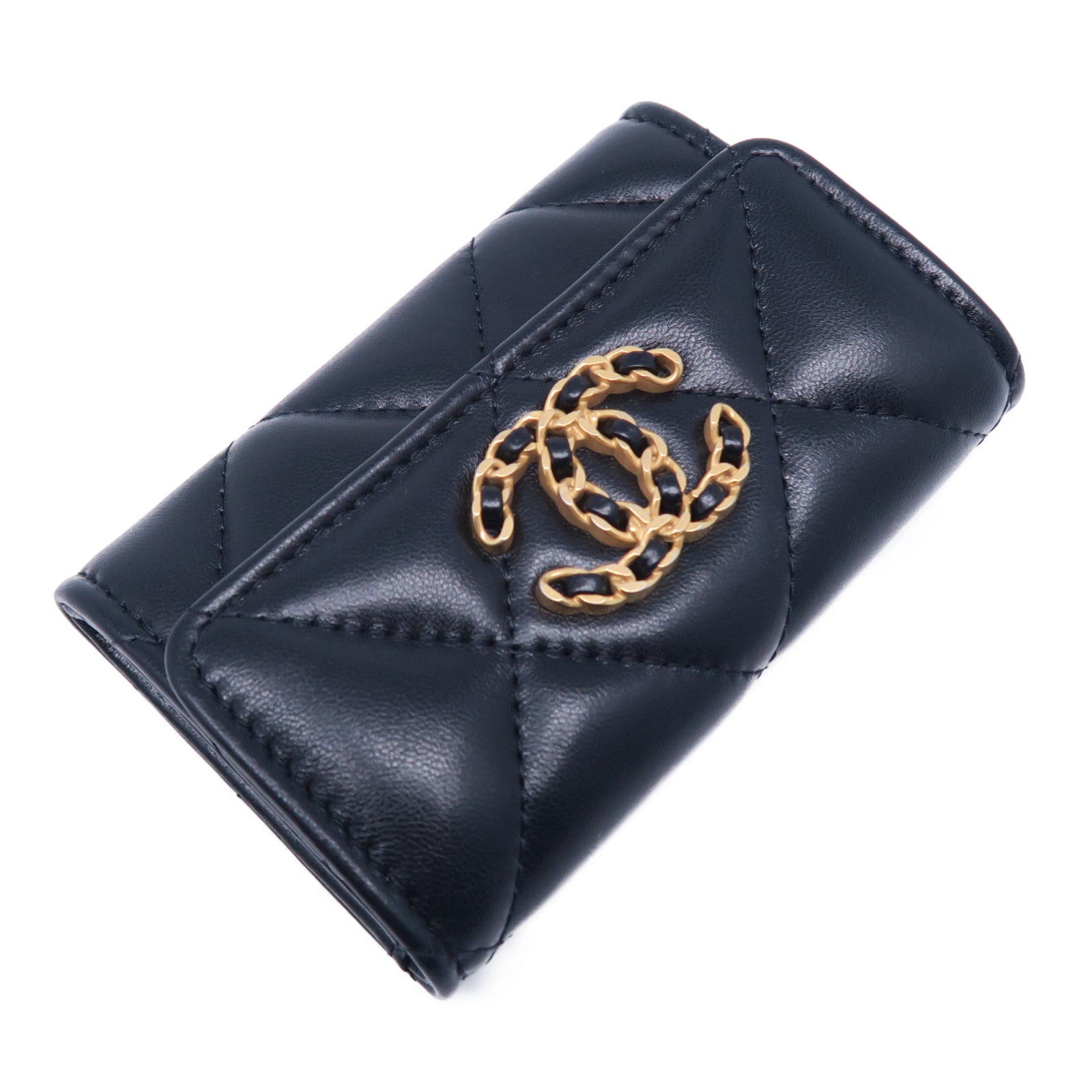 CHANEL 菱格羊皮皮革Chanel 19金扣卡片套黑色