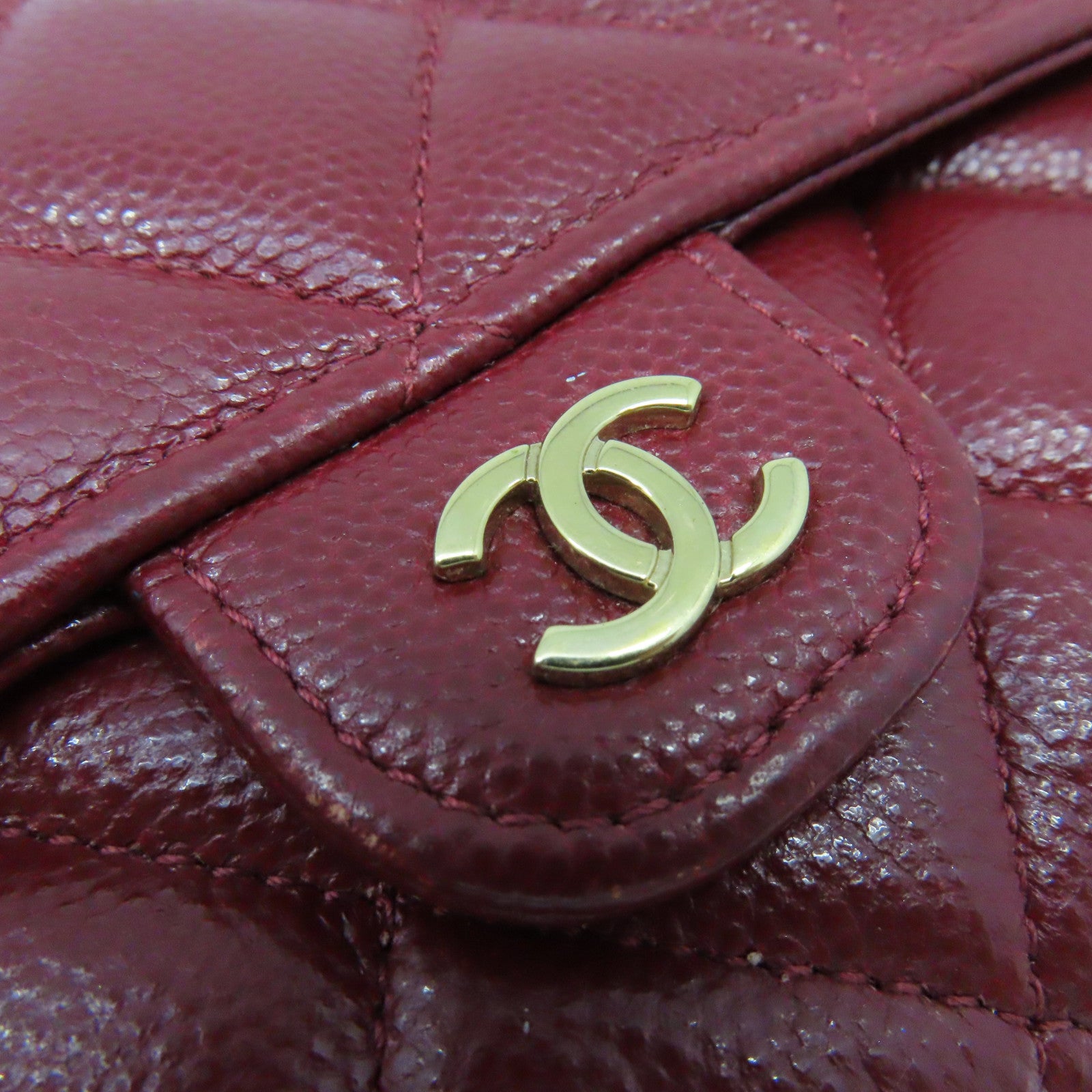 CHANEL 【激減優惠】菱格Caviar皮革Fold Wallet金扣長錢包酒紅色