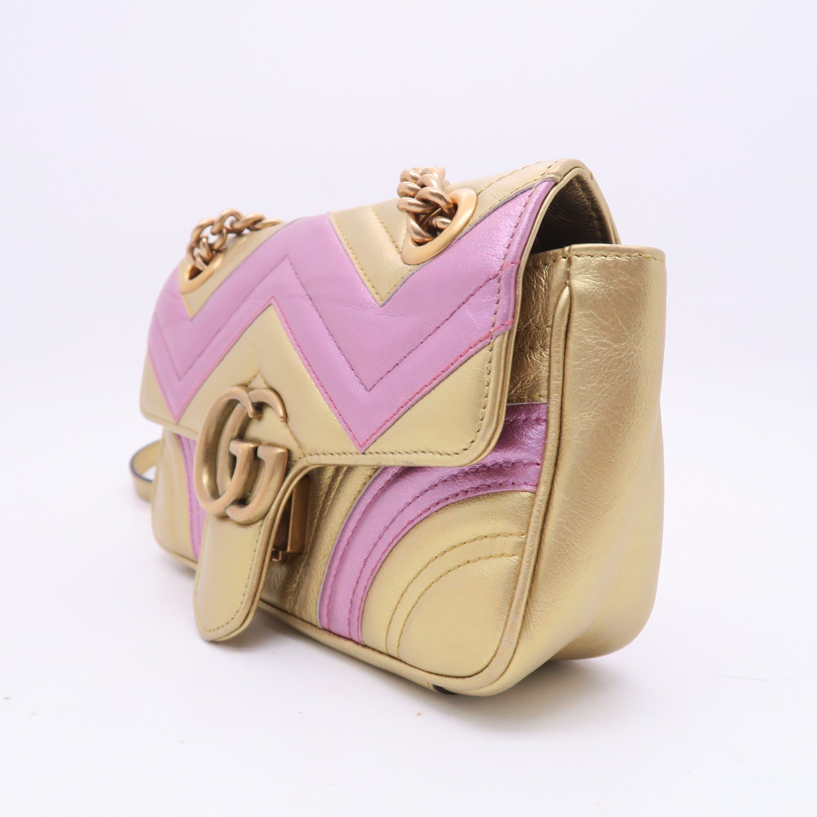 GUCCI 牛皮皮革GG Marmont Chain Shoulder金扣鏈帶肩背袋金色/粉紅色