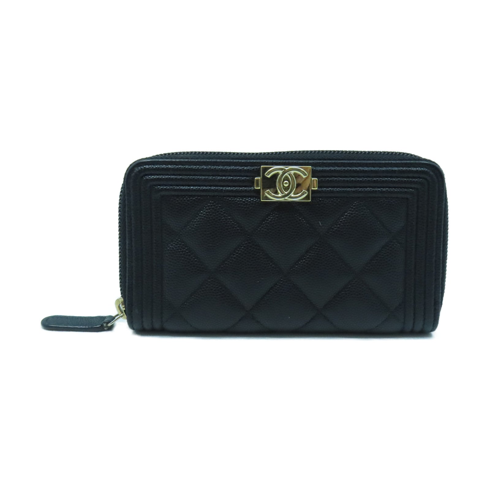 CHANEL Rhombus Caviar Leather Boy Round Wallet Gold Buckle Wallet Black