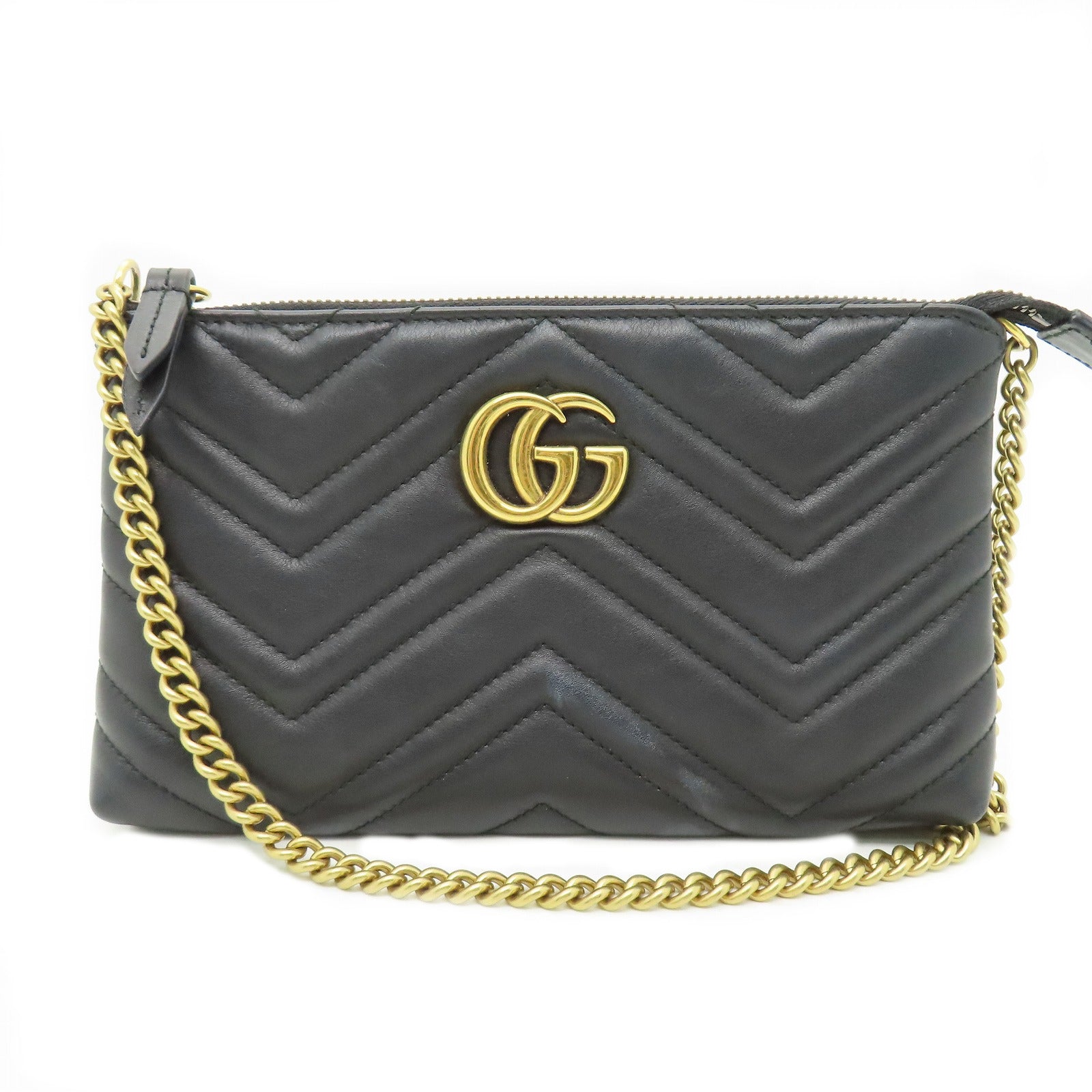 GUCCI 牛皮皮革Chain Shoulder金扣鏈帶肩背袋黑色