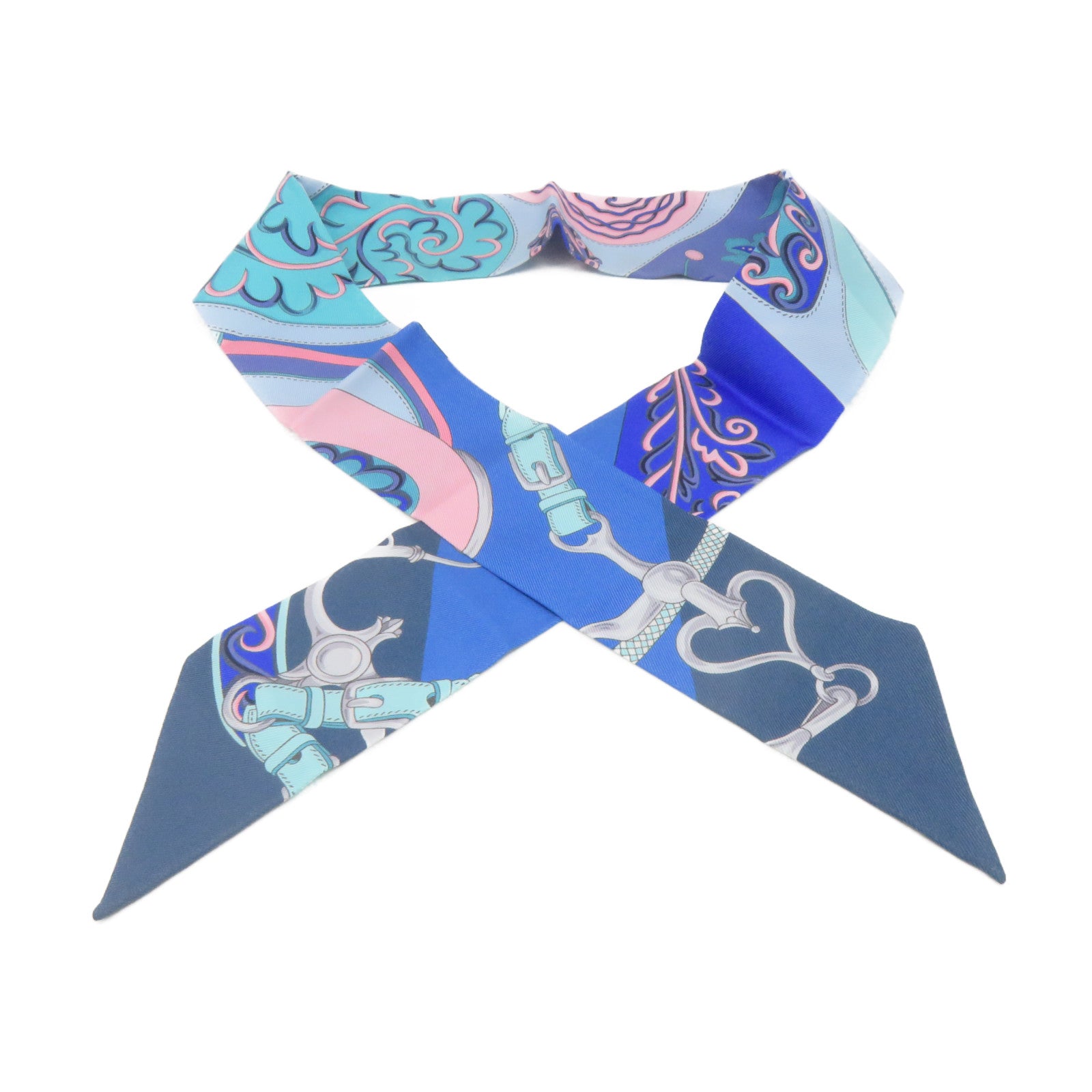 HERMES 絲質Twilly Scarf絲巾藍色/粉紅色/彩色