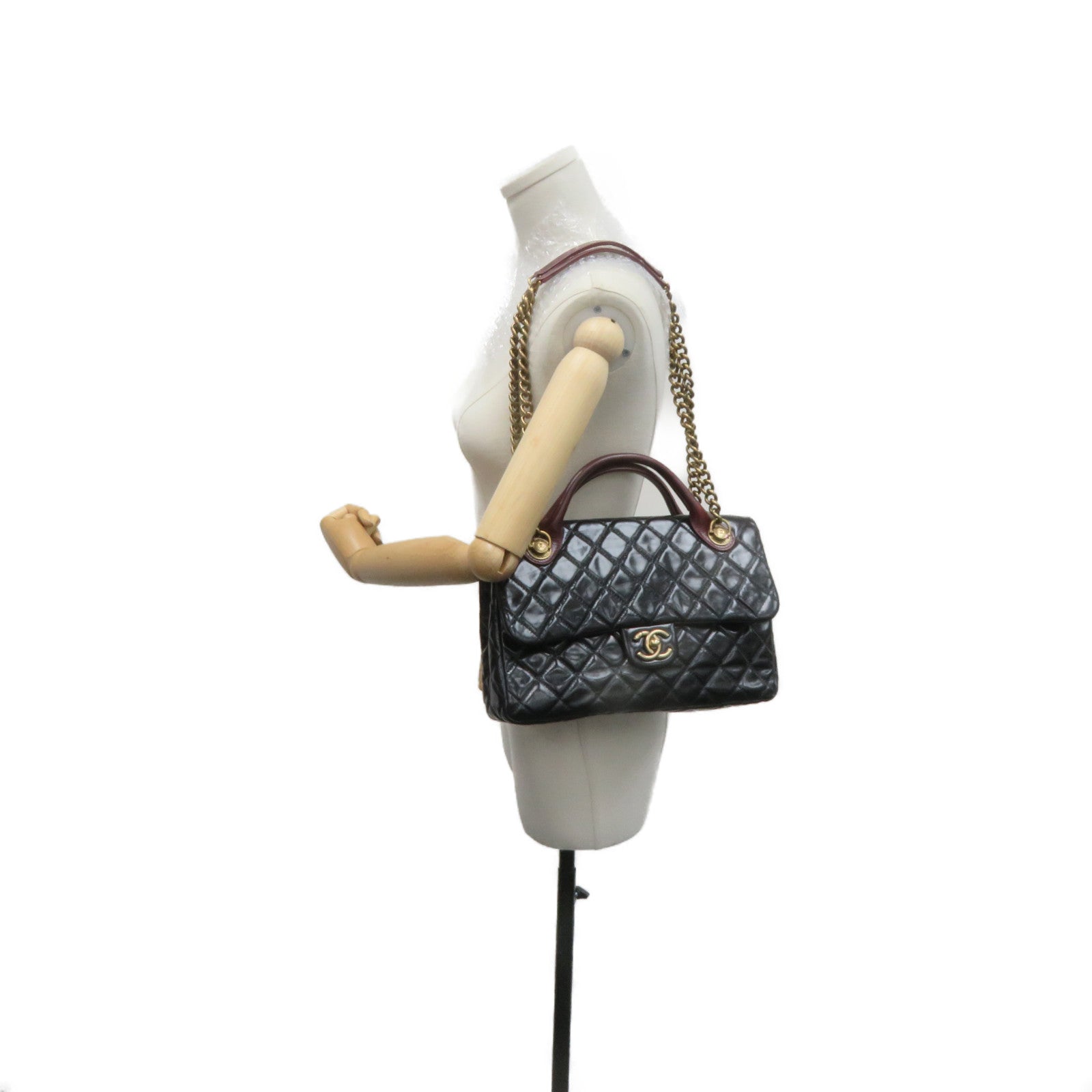 CHANEL 菱格牛皮皮革2Way Shoulder Bag金扣鏈帶手挽肩背兩用袋黑色