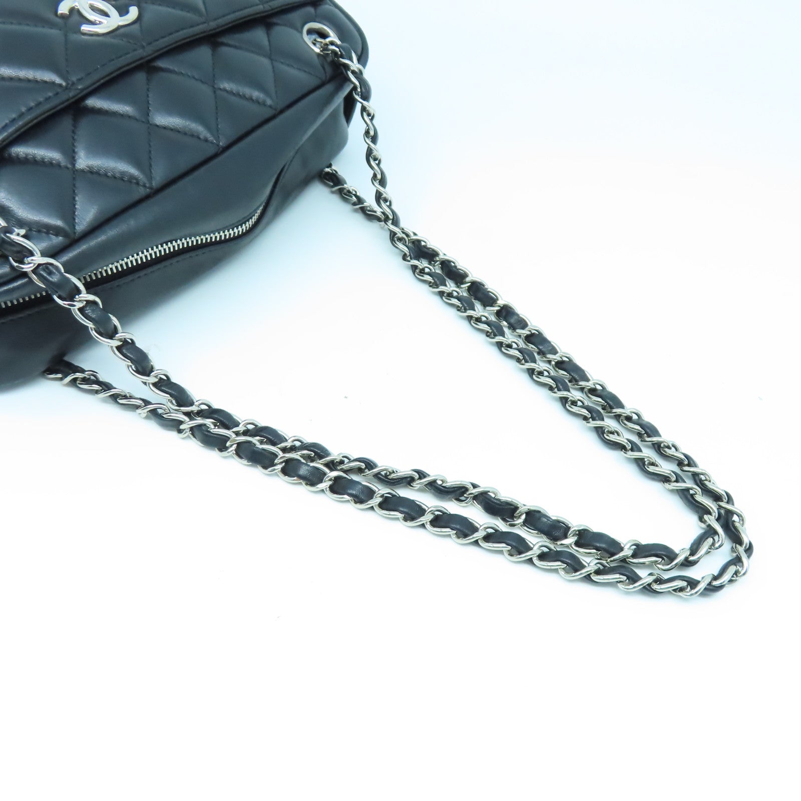CHANEL 菱格羊皮皮革Chain Shoulder銀扣鏈帶肩背袋黑色