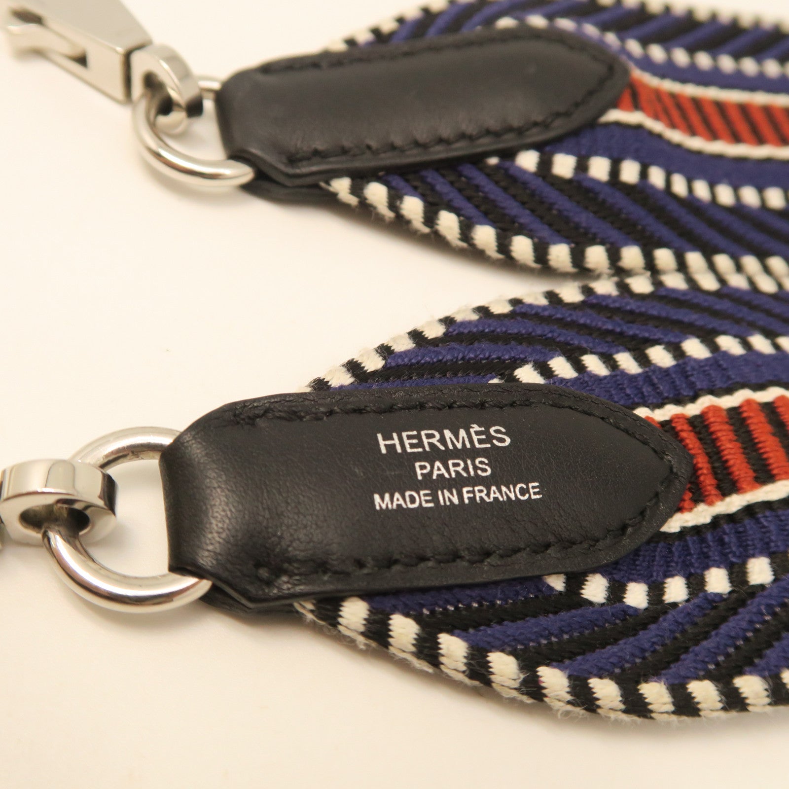 HERMES Canvas Strap Silver Buckle Shoulder Strap Dark Blue/Red