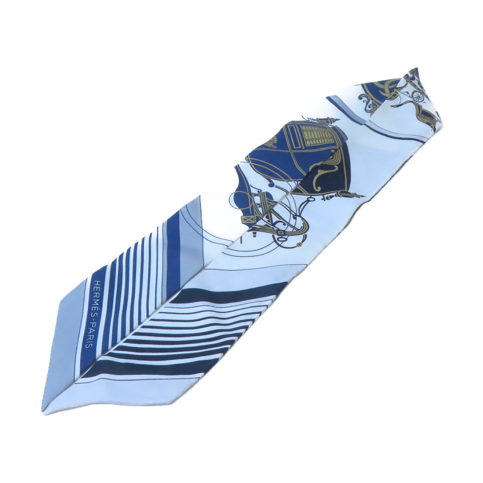 HERMES 絲質Twilly絲巾白色/藍色