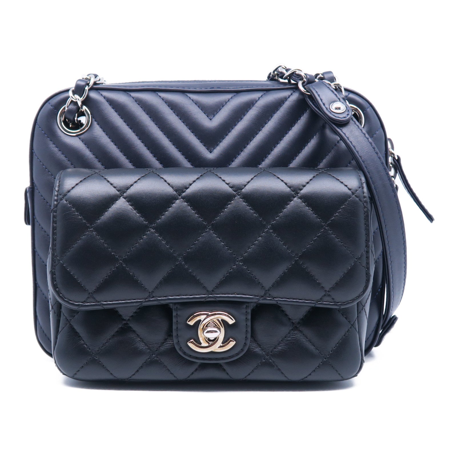 CHANEL 斜紋/菱格牛皮皮革Chain Shoulder Bag銀扣鏈帶肩背袋深藍色/黑色