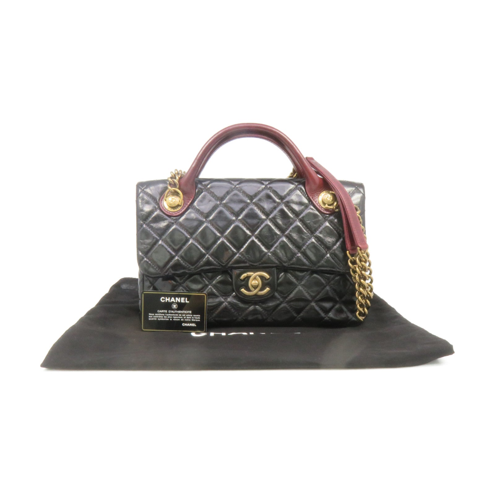 CHANEL 菱格牛皮皮革2Way Shoulder Bag金扣鏈帶手挽肩背兩用袋黑色