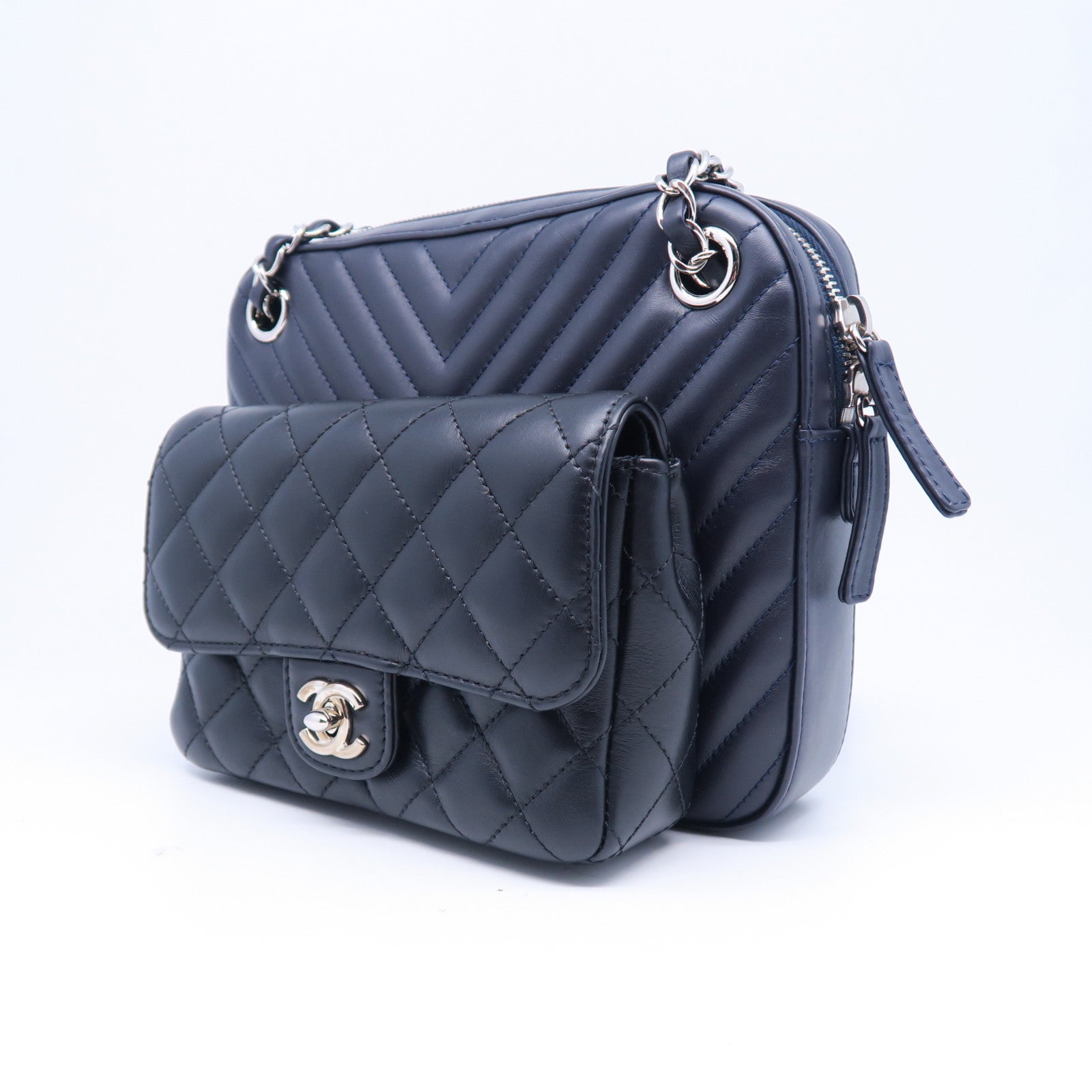 CHANEL 斜紋/菱格牛皮皮革Chain Shoulder Bag銀扣鏈帶肩背袋深藍色/黑色