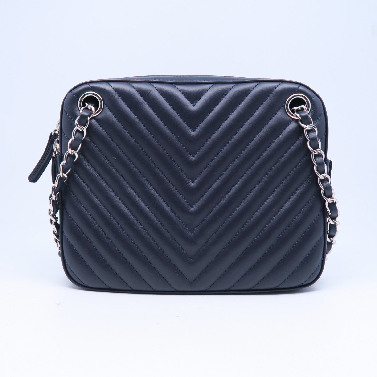 CHANEL 斜紋/菱格牛皮皮革Chain Shoulder Bag銀扣鏈帶肩背袋深藍色/黑色