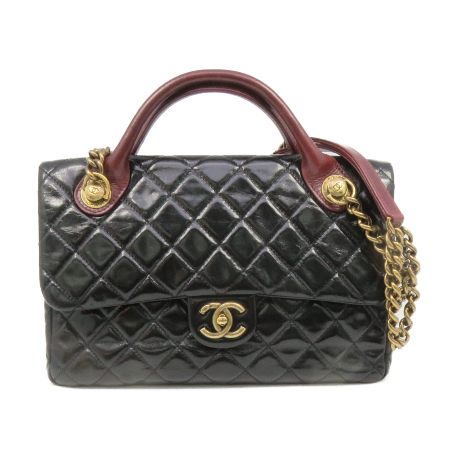 CHANEL 菱格牛皮皮革2Way Shoulder Bag金扣鏈帶手挽肩背兩用袋黑色