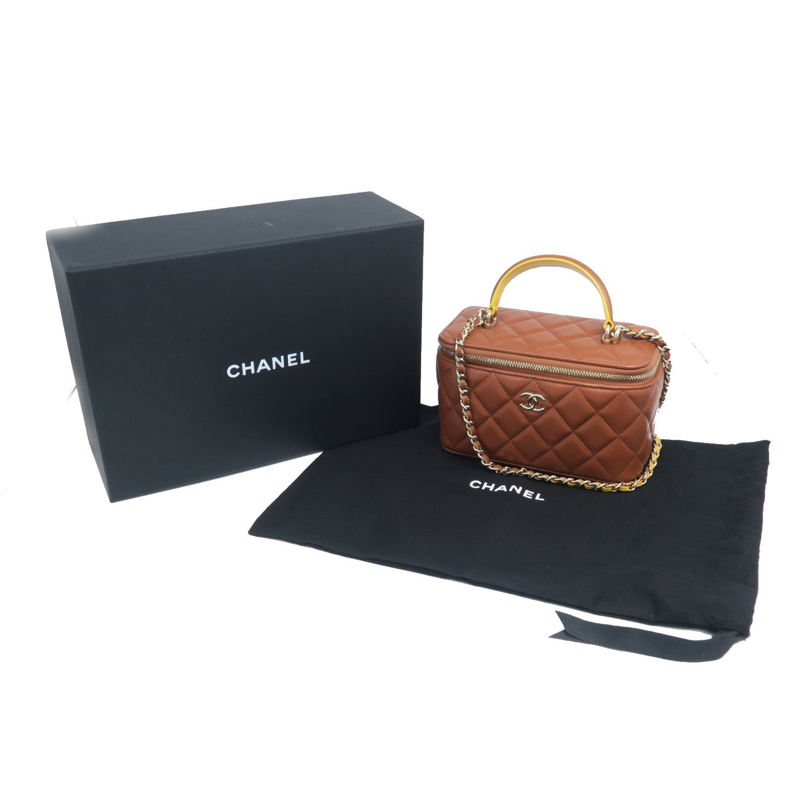 CHANEL Diamond Sheepskin Leather Top Handle Vanity Case Gold Buckle Chain Strap Shoulder Bag Brown/Yellow