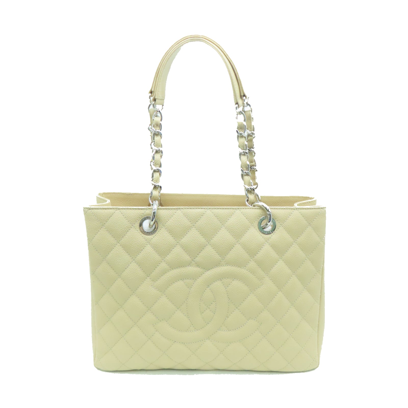 CHANEL 菱格Caviar皮革Totebag银扣链带手挽袋米色
