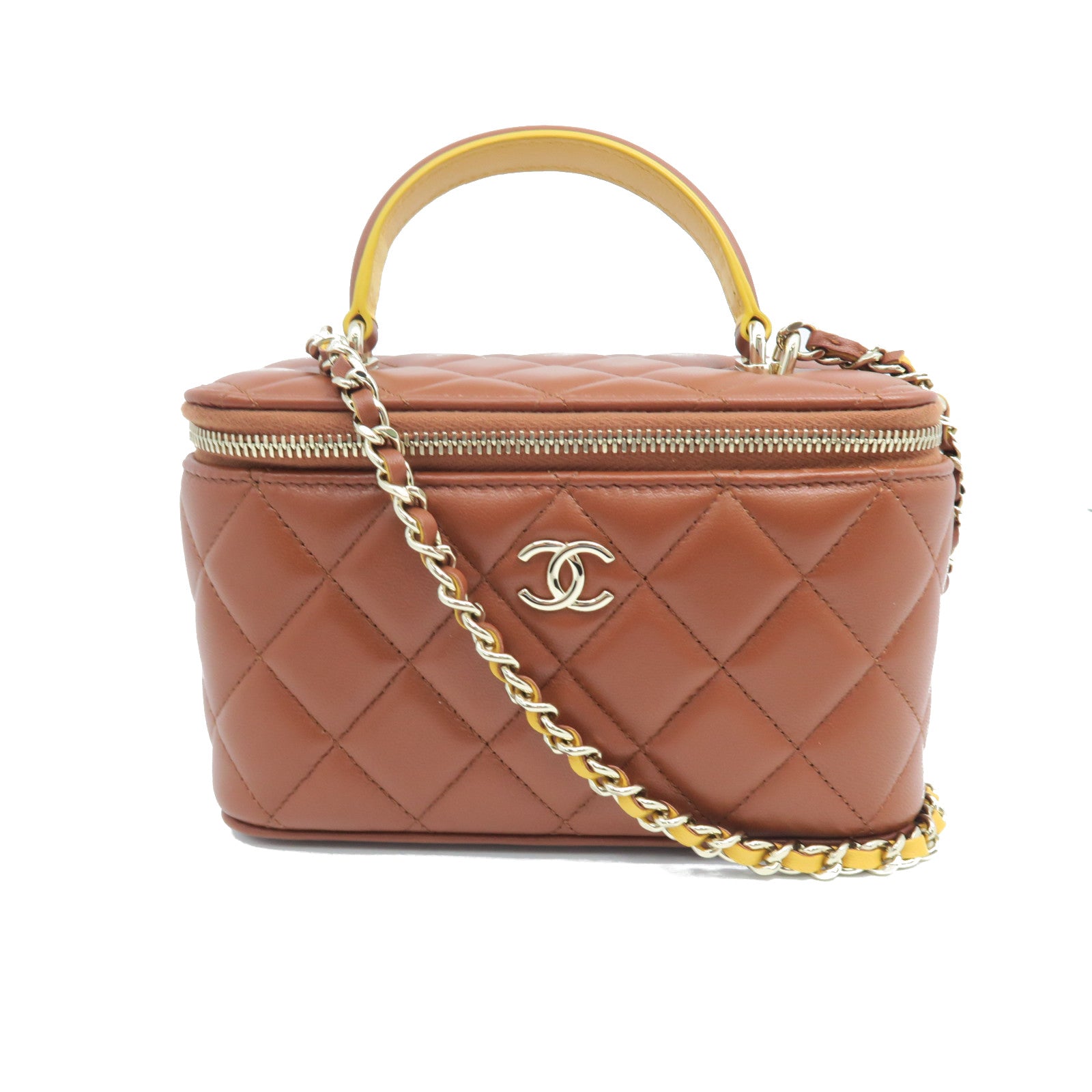 CHANEL Diamond Sheepskin Leather Top Handle Vanity Case Gold Buckle Chain Strap Shoulder Bag Brown/Yellow