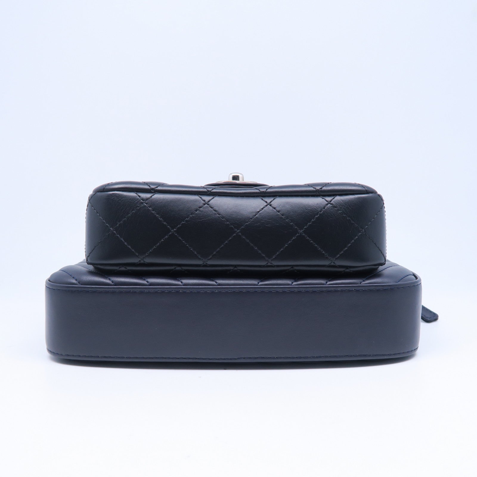 CHANEL 斜紋/菱格牛皮皮革Chain Shoulder Bag銀扣鏈帶肩背袋深藍色/黑色