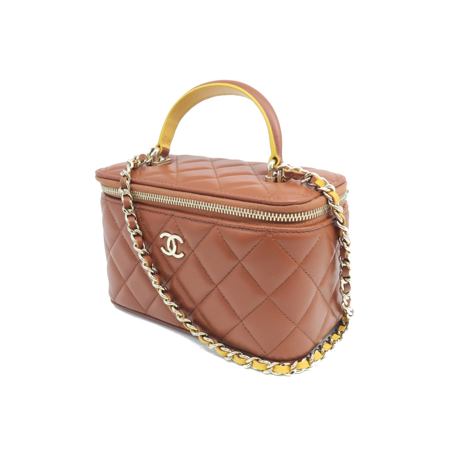 CHANEL Diamond Sheepskin Leather Top Handle Vanity Case Gold Buckle Chain Strap Shoulder Bag Brown/Yellow