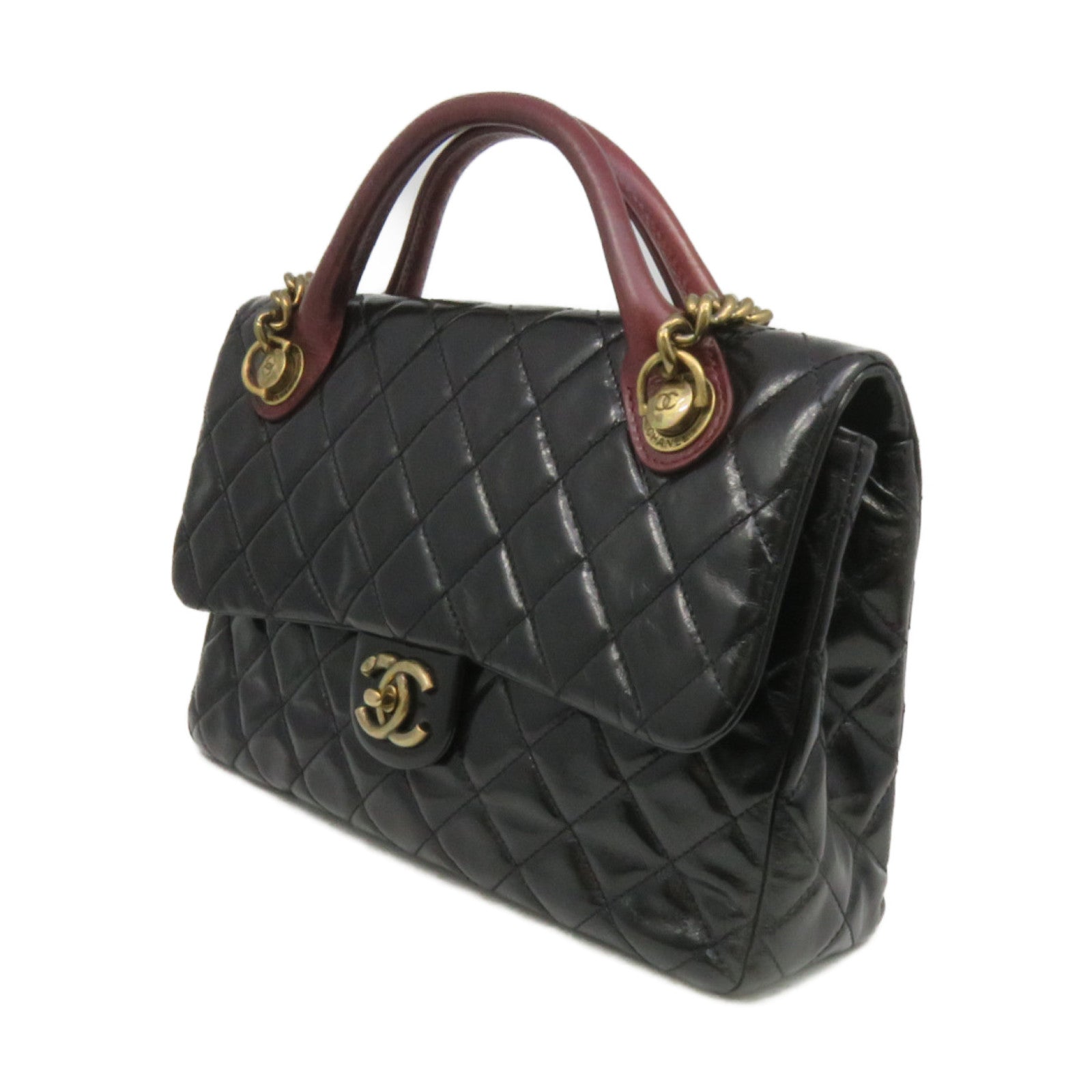 CHANEL 菱格牛皮皮革2Way Shoulder Bag金扣鏈帶手挽肩背兩用袋黑色