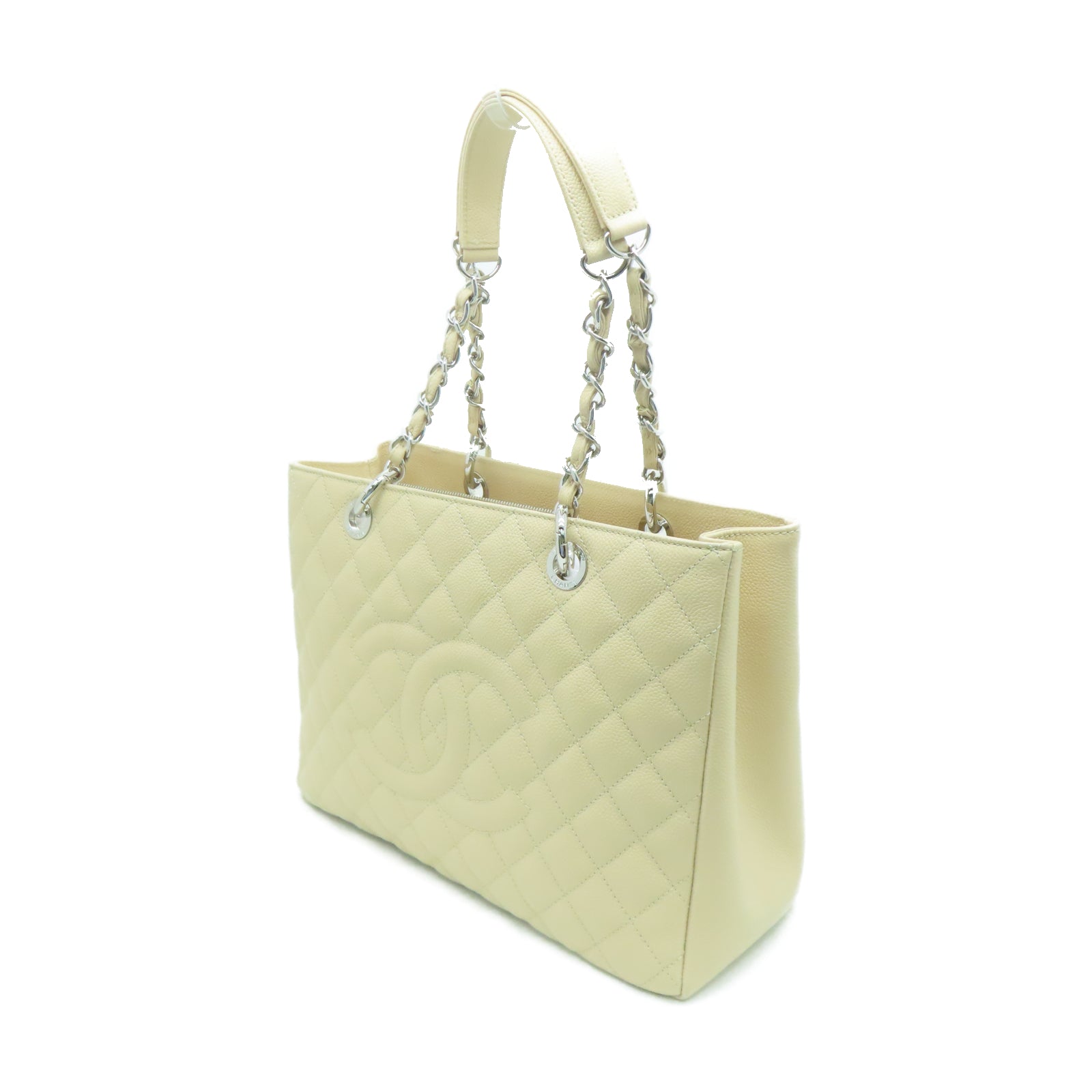 CHANEL 菱格Caviar皮革Totebag银扣链带手挽袋米色