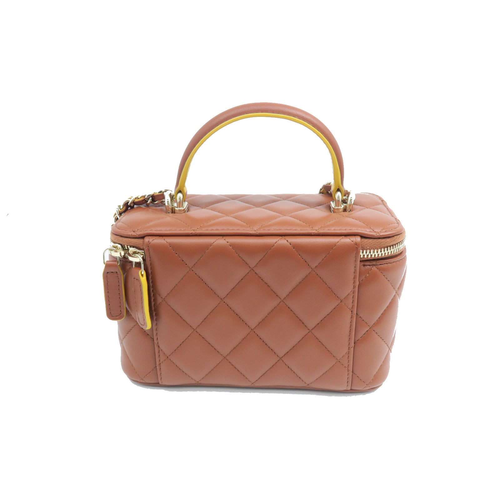 CHANEL Diamond Sheepskin Leather Top Handle Vanity Case Gold Buckle Chain Strap Shoulder Bag Brown/Yellow