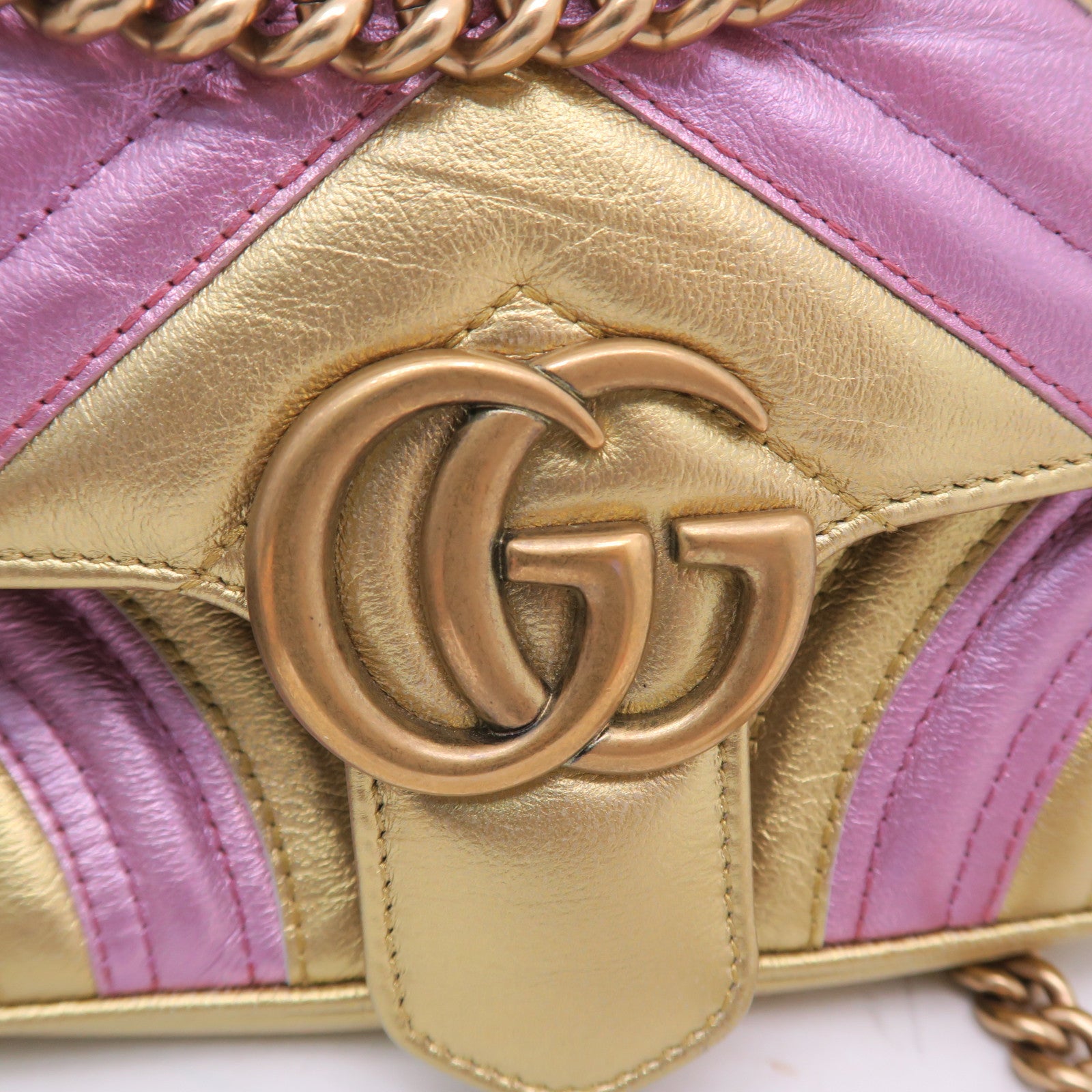 GUCCI 牛皮皮革GG Marmont Chain Shoulder金扣鏈帶肩背袋金色/粉紅色