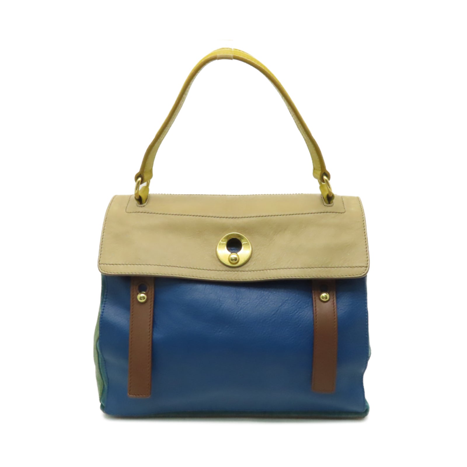 YVES SAINT LAURENT 牛皮皮革Shoulder Bag金扣手挽袋藍色/綠色/棕色