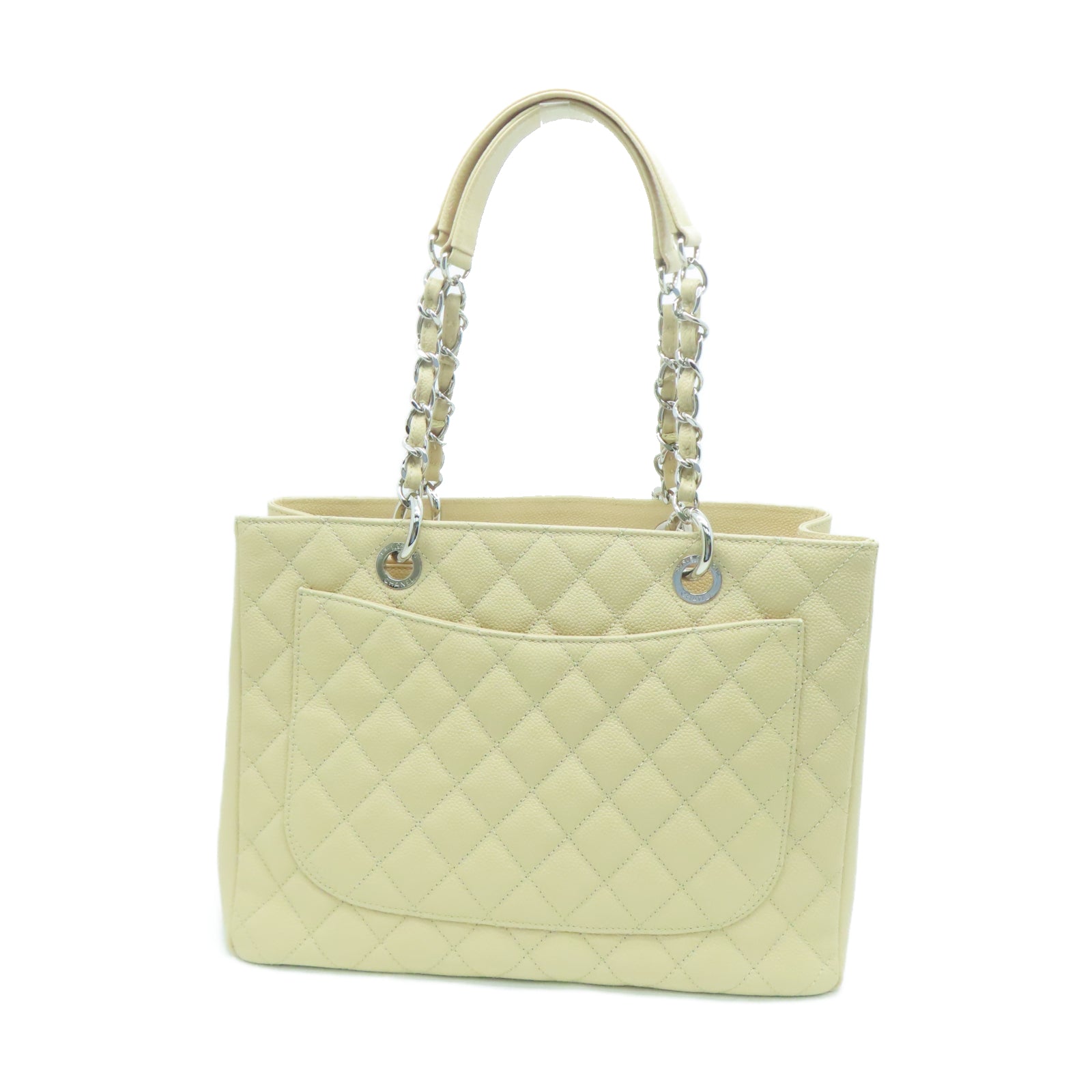 CHANEL 菱格Caviar皮革Totebag银扣链带手挽袋米色