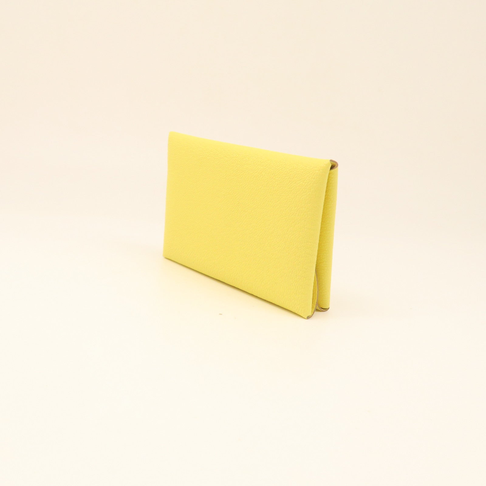 HERMES Chevre Leather Portefeuille Calvi Silver Buckle Card Holder Yellow
