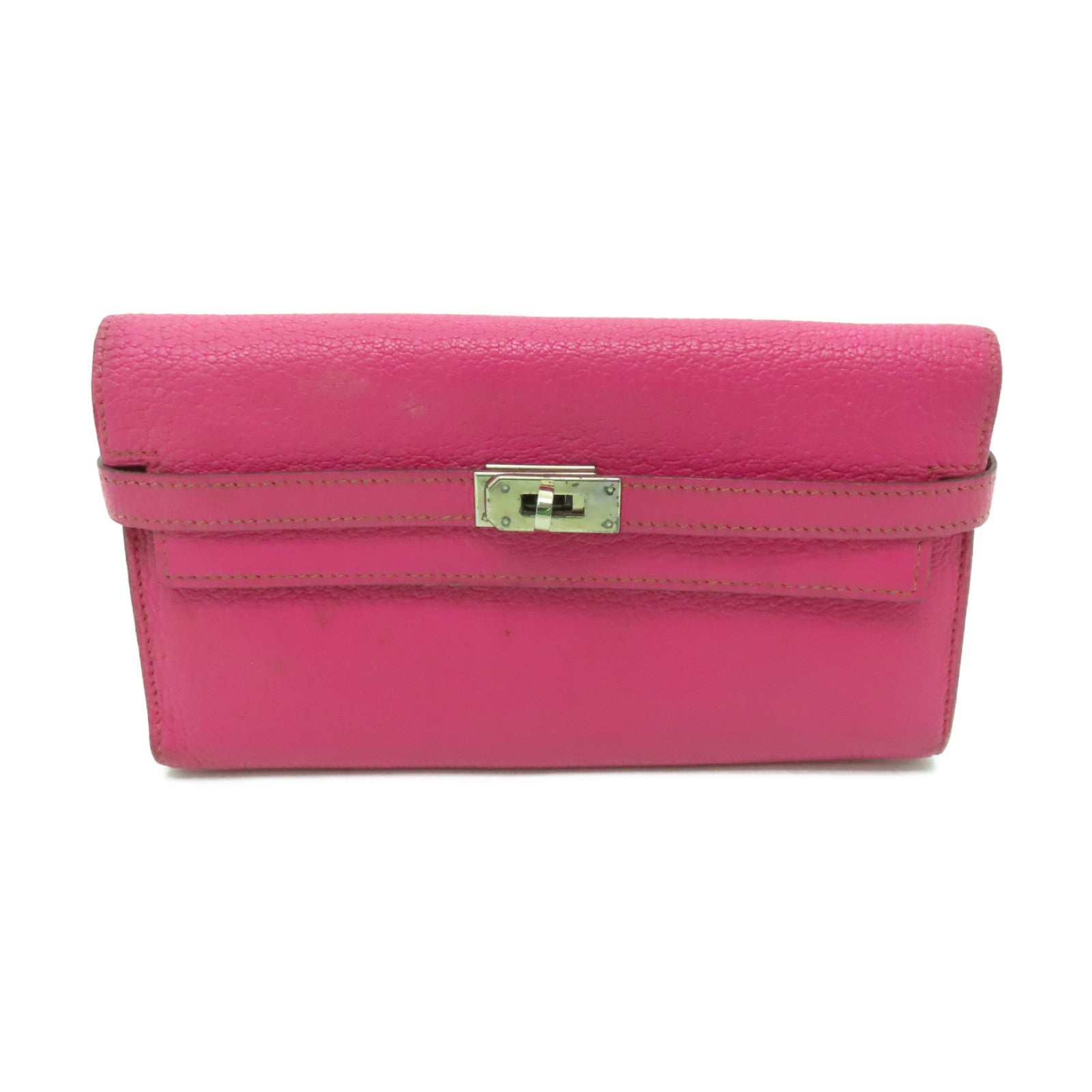 HERMES Chevre皮革Kelly Classic銀扣長錢包Fuschia Pink粉紅色