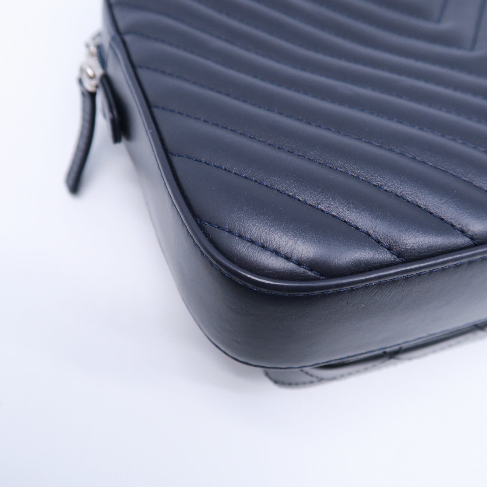 CHANEL 斜紋/菱格牛皮皮革Chain Shoulder Bag銀扣鏈帶肩背袋深藍色/黑色