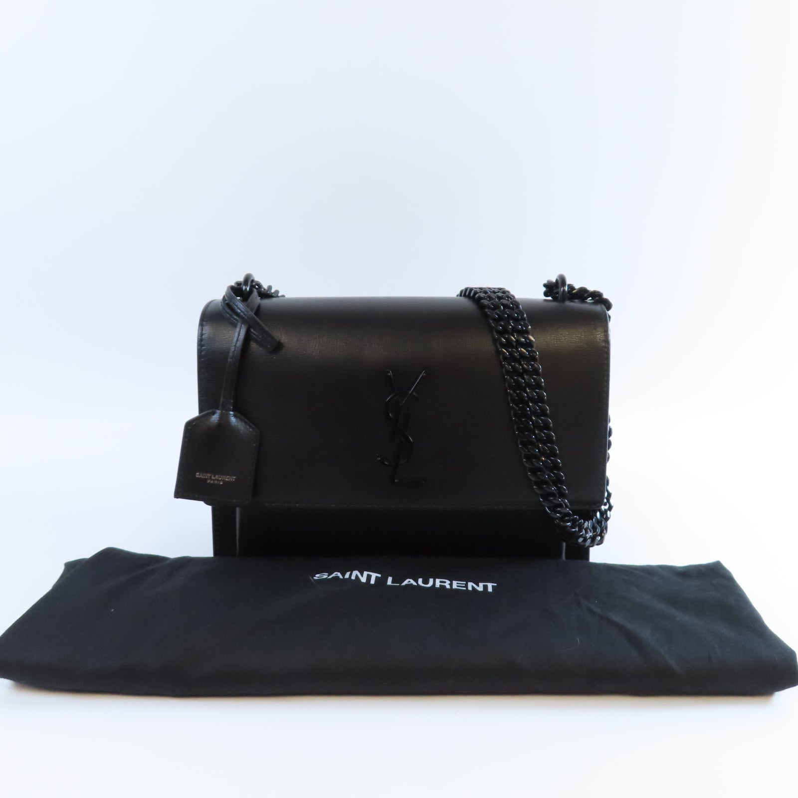 SAINT LAURENT 牛皮皮革Sunset Medium黑扣鏈帶肩背袋黑色