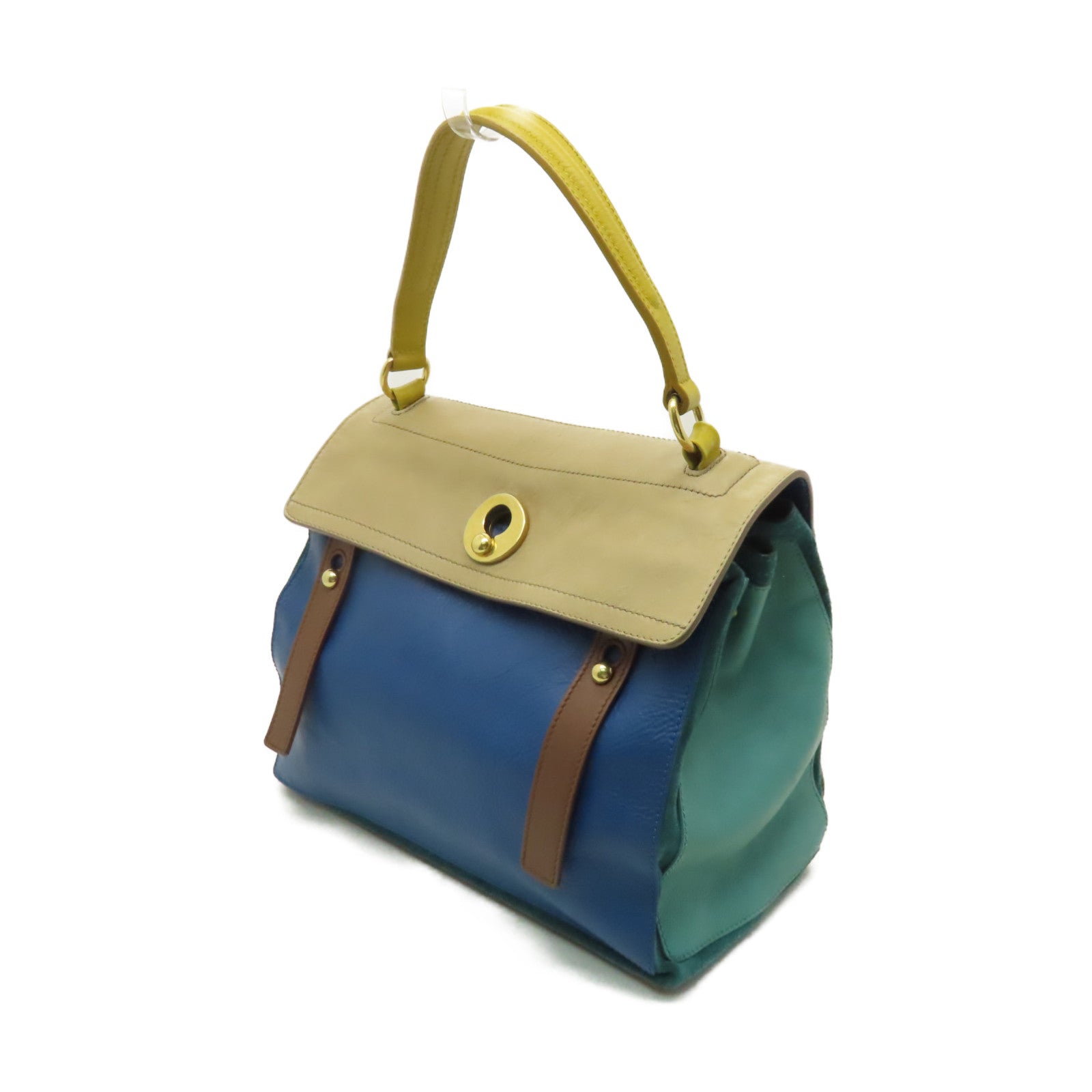 YVES SAINT LAURENT 牛皮皮革Shoulder Bag金扣手挽袋藍色/綠色/棕色