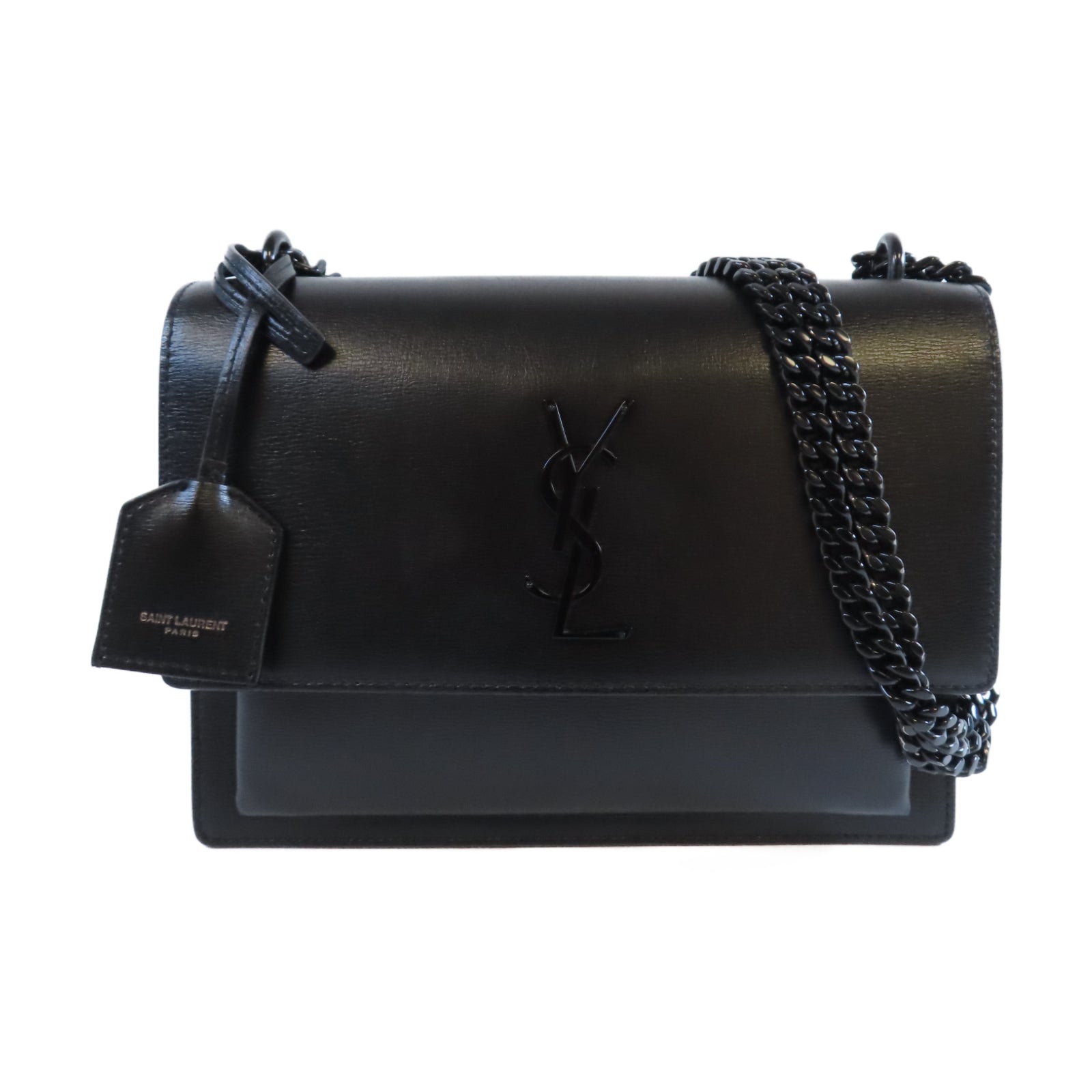 SAINT LAURENT 牛皮皮革Sunset Medium黑扣鏈帶肩背袋黑色