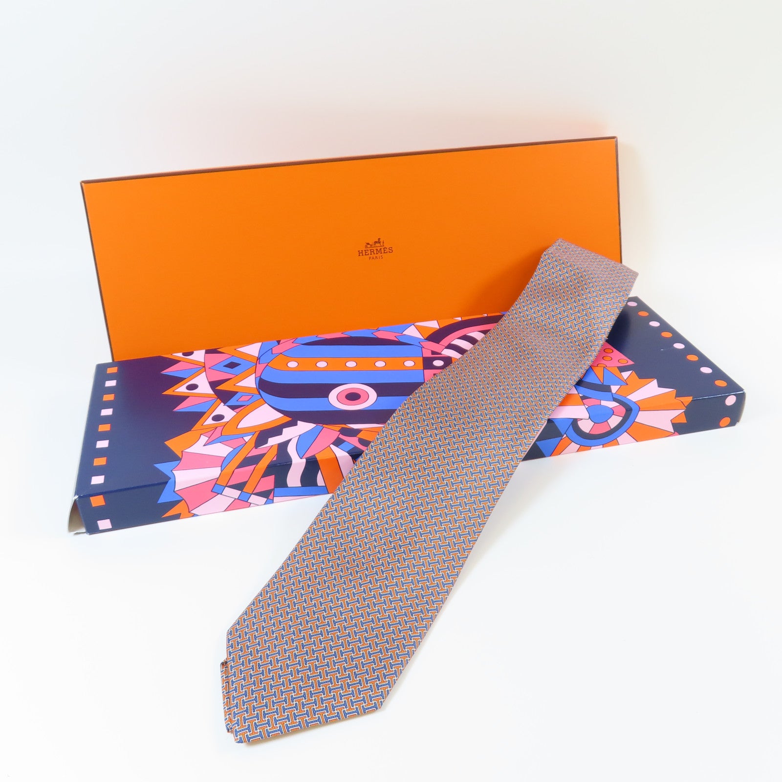 HERMES 絲質Necktie領帶橙色/藍色