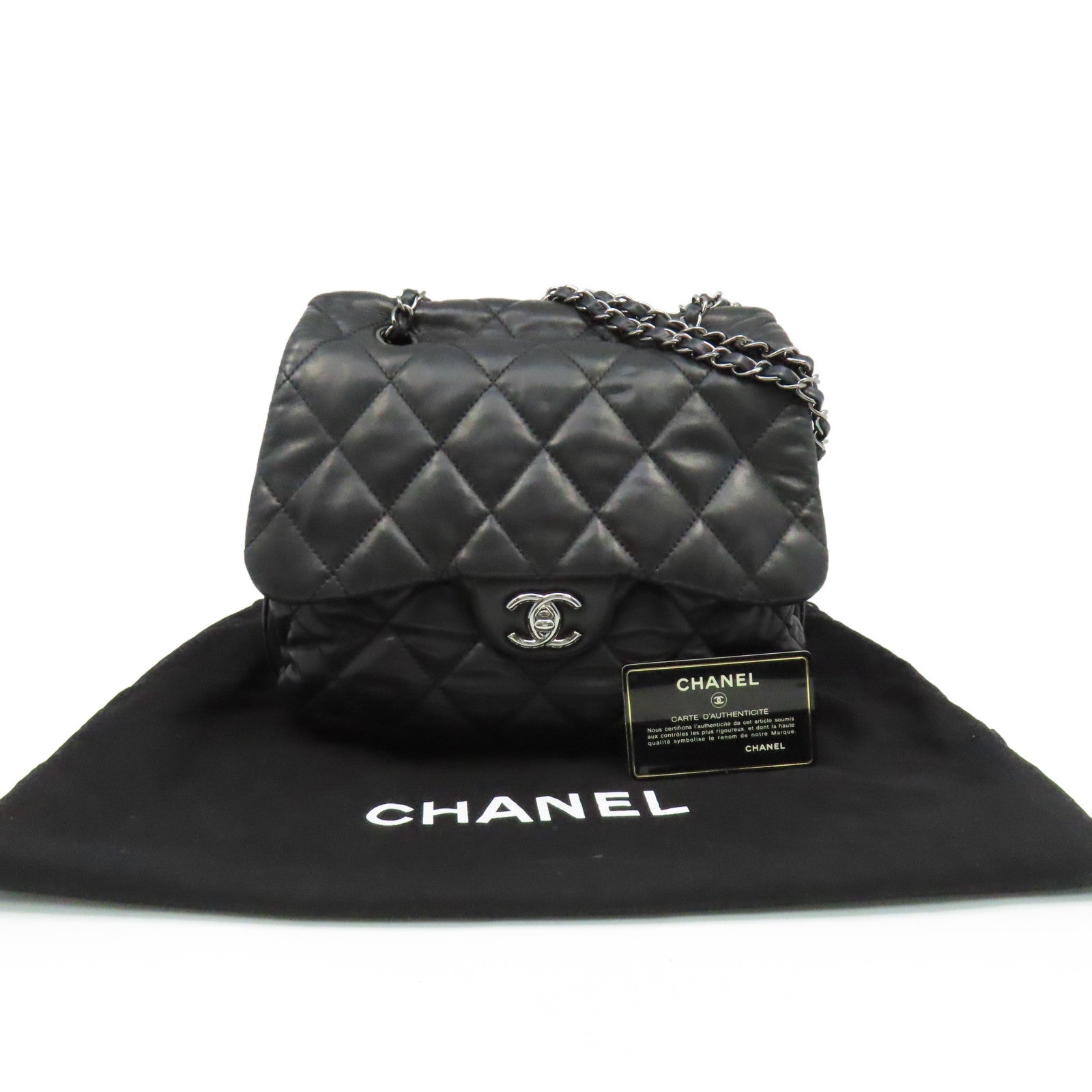 CHANEL 菱格羊皮皮革Chain Shoulder Bag銀扣鏈帶肩背袋黑色