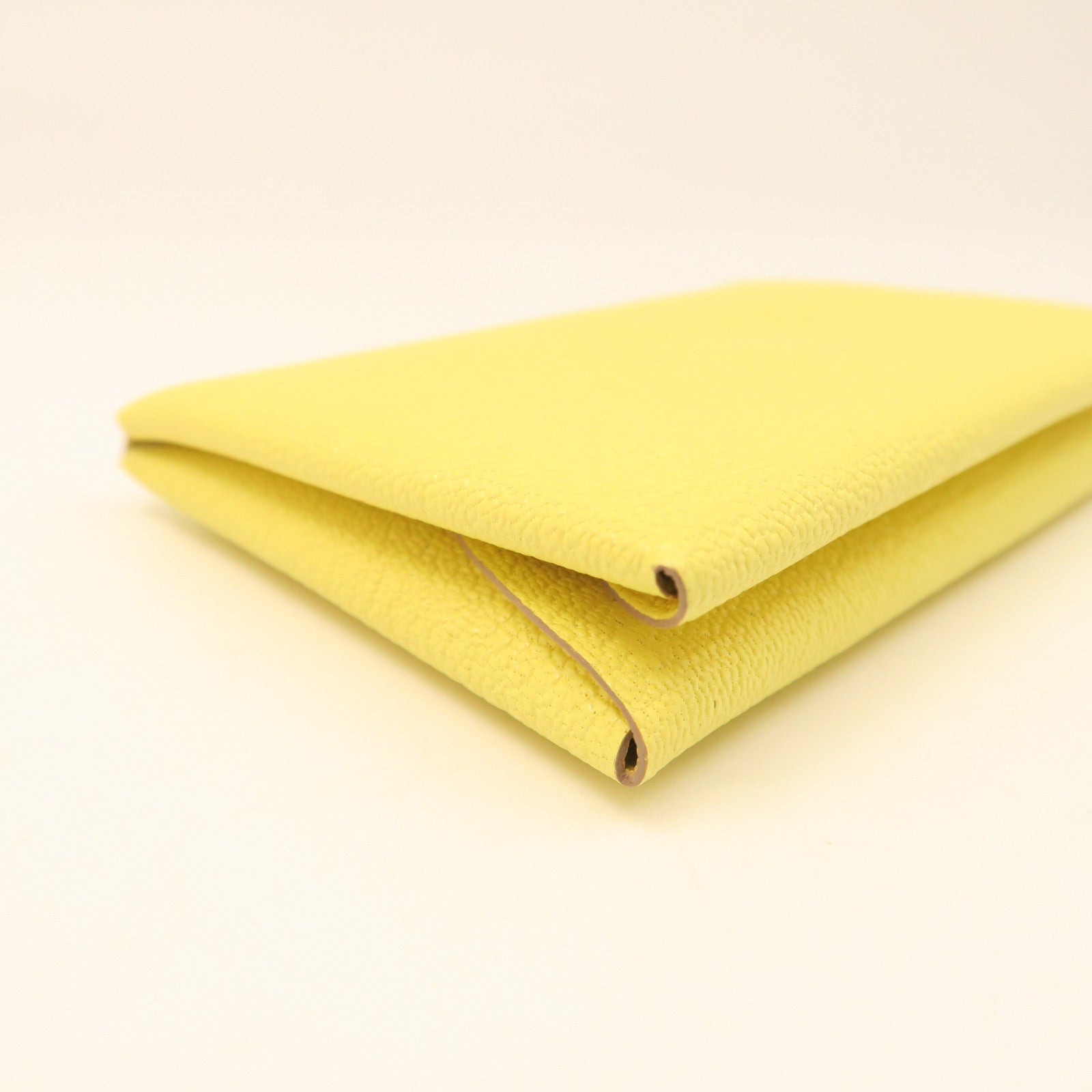 HERMES Chevre Leather Portefeuille Calvi Silver Buckle Card Holder Yellow