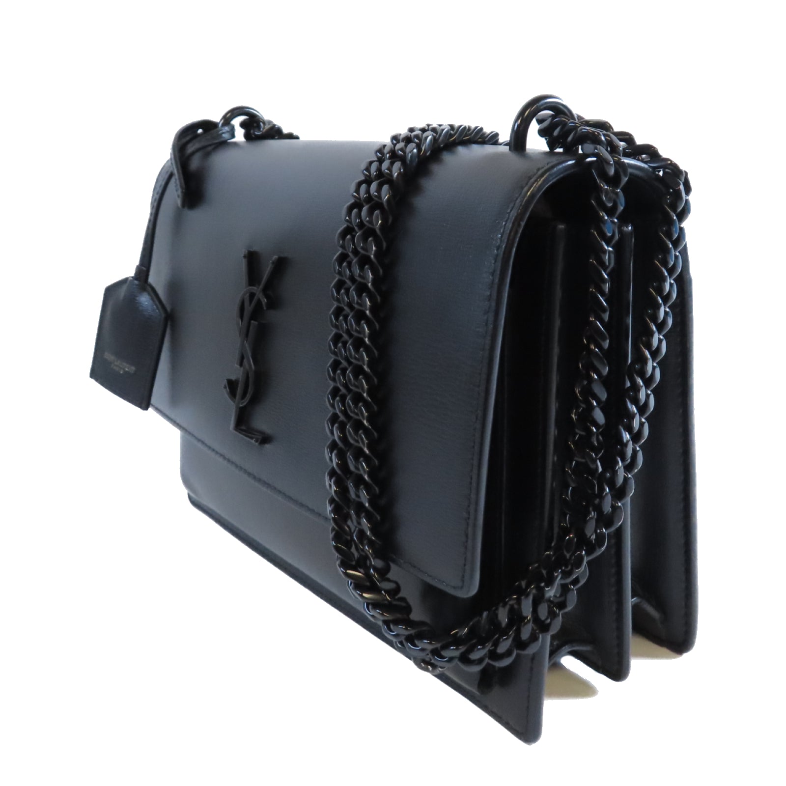 SAINT LAURENT 牛皮皮革Sunset Medium黑扣鏈帶肩背袋黑色