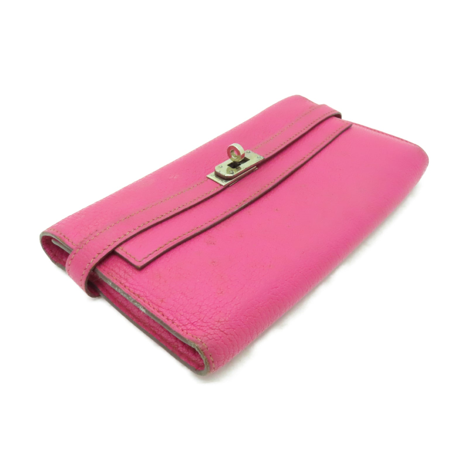 HERMES Chevre皮革Kelly Classic銀扣長錢包Fuschia Pink粉紅色