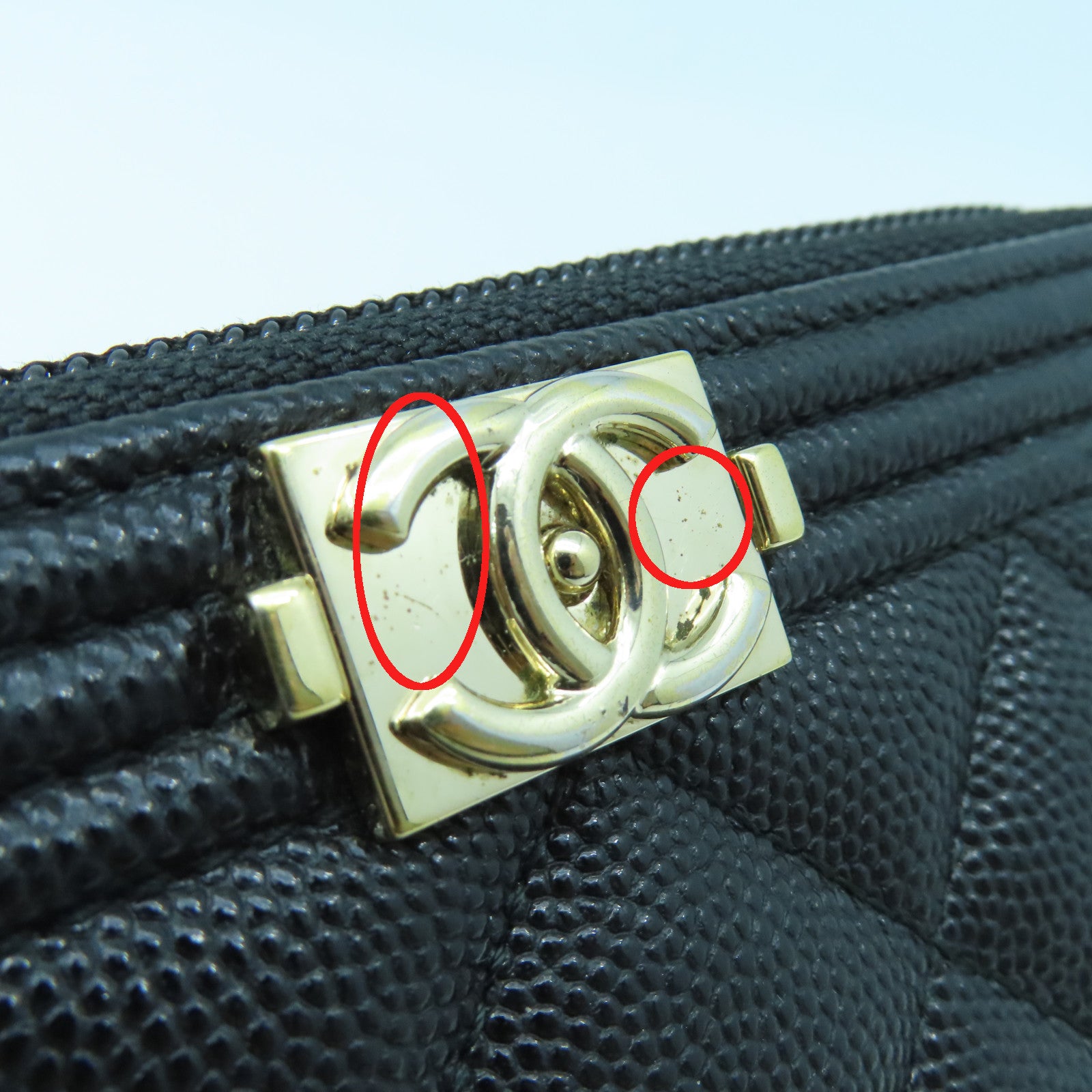 CHANEL Rhombus Caviar Leather Boy Round Wallet Gold Buckle Wallet Black