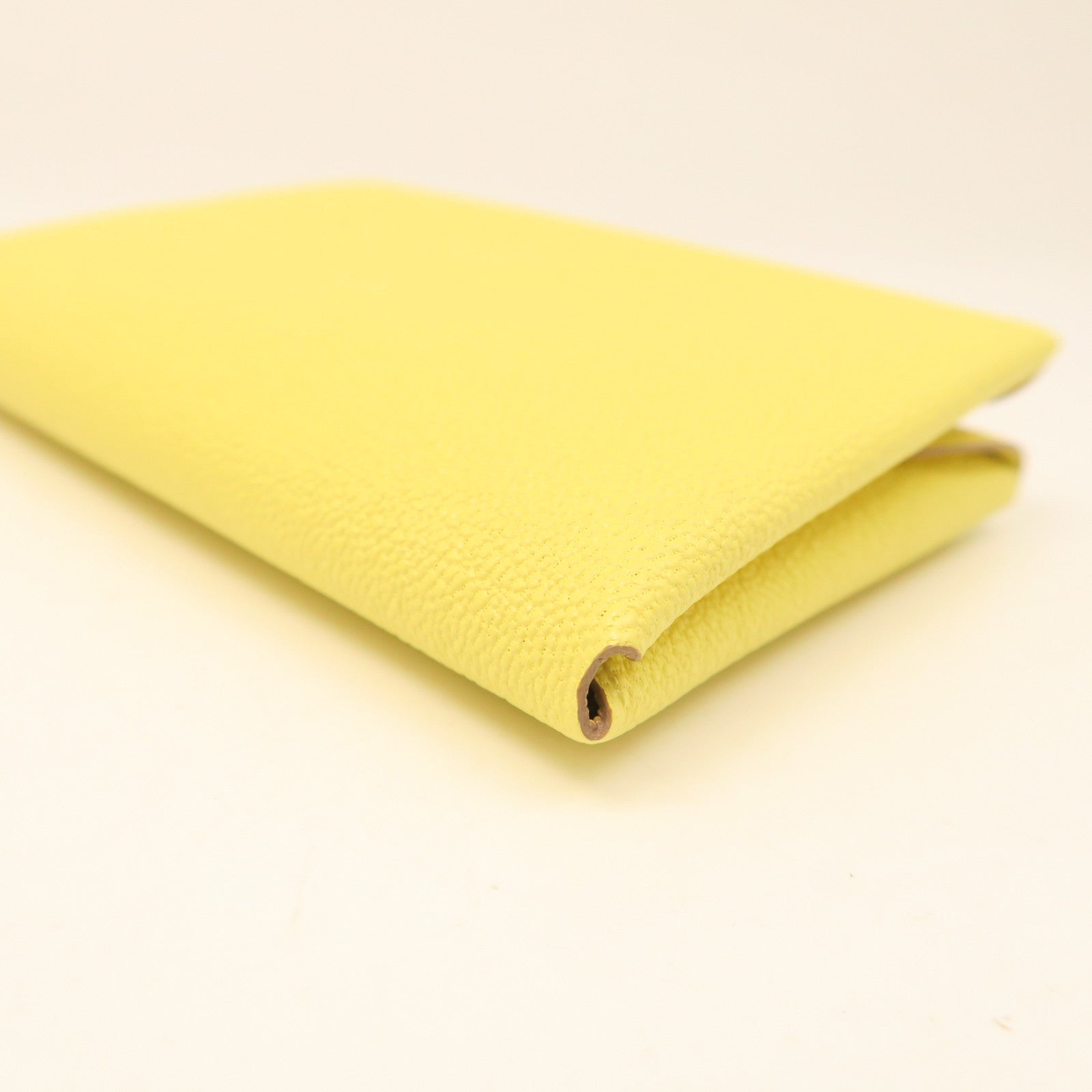 HERMES Chevre Leather Portefeuille Calvi Silver Buckle Card Holder Yellow