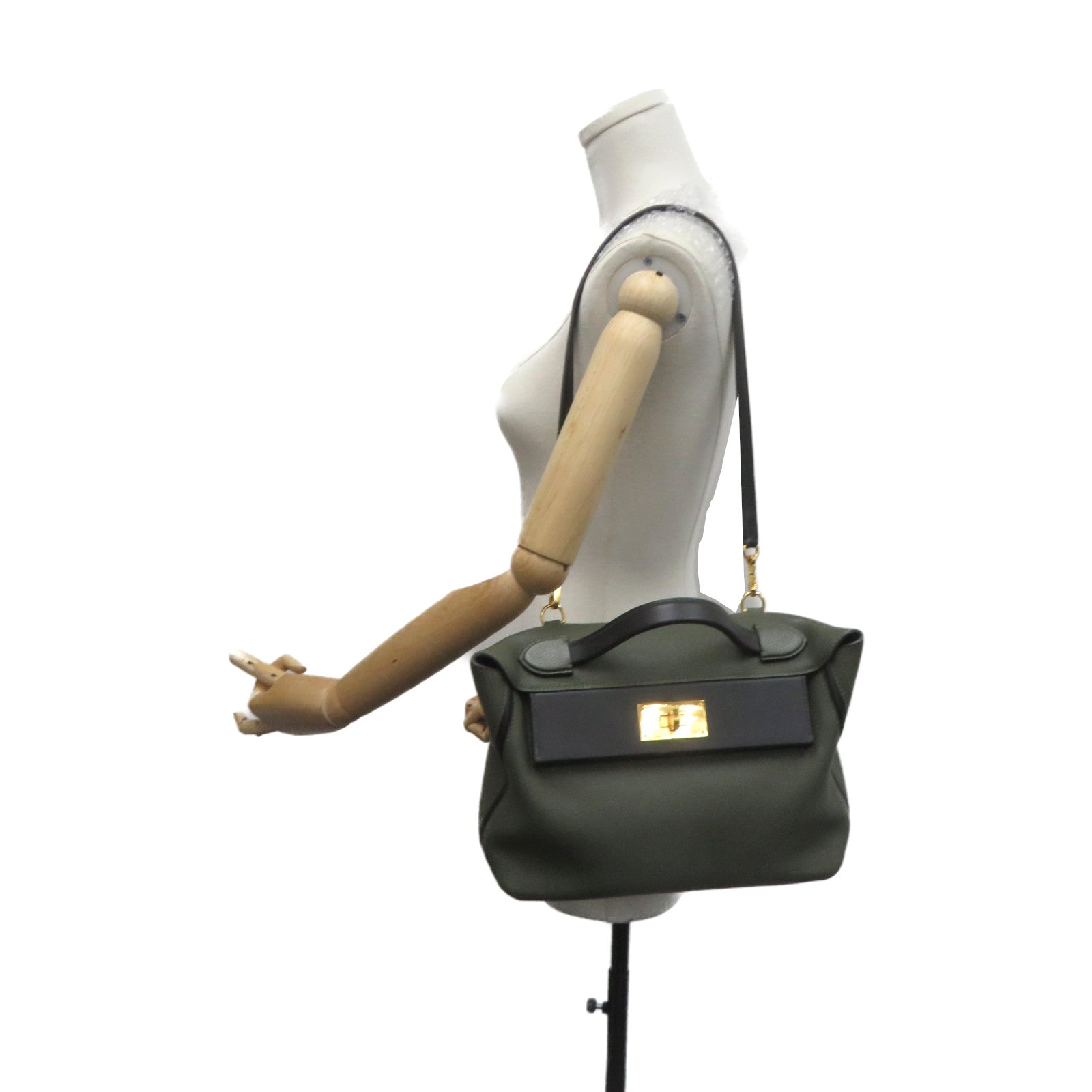 HERMES Clemence皮革24/24 29cm 2Way Shoulder Bag金扣手挽肩背两用袋61/60绿色