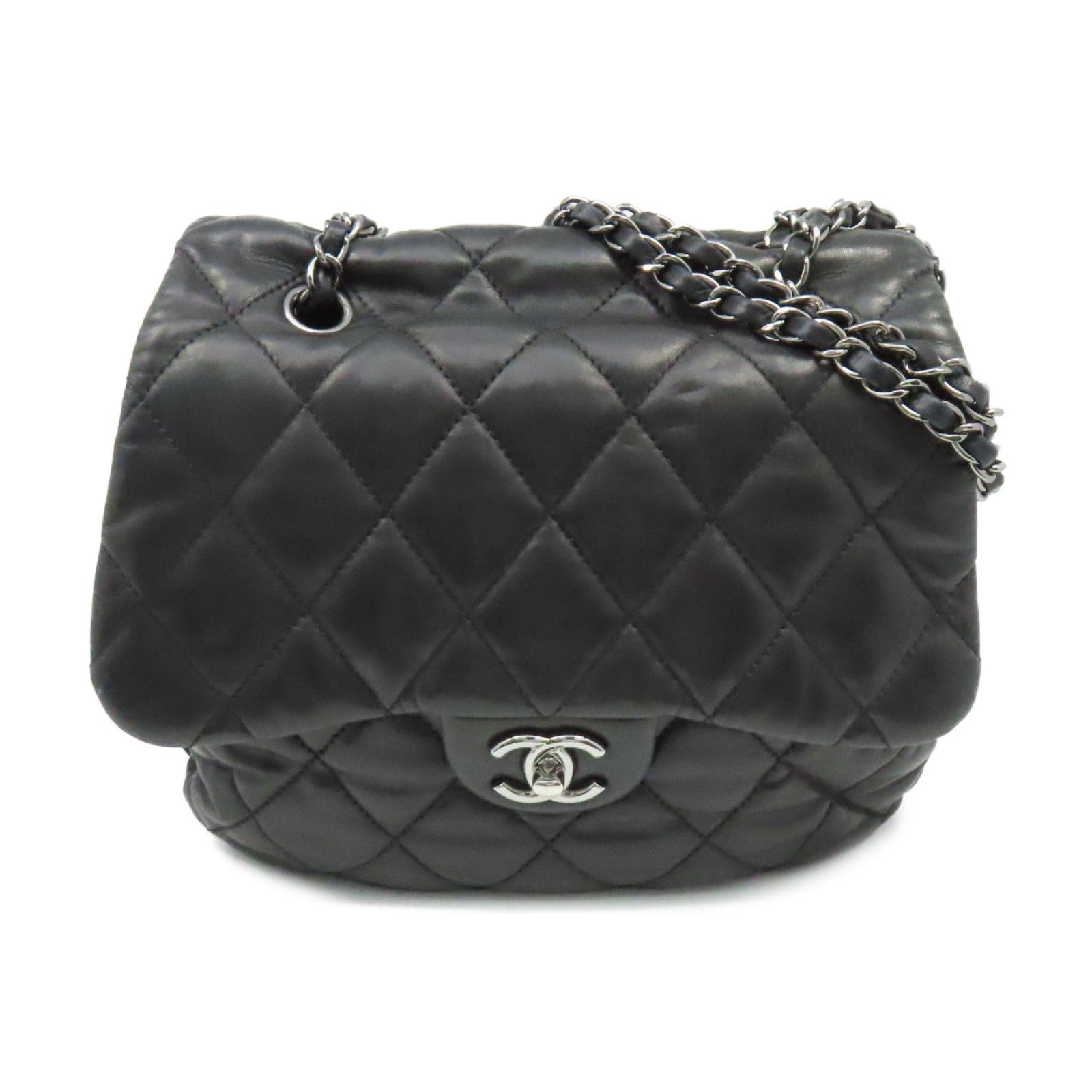 CHANEL 菱格羊皮皮革Chain Shoulder Bag銀扣鏈帶肩背袋黑色