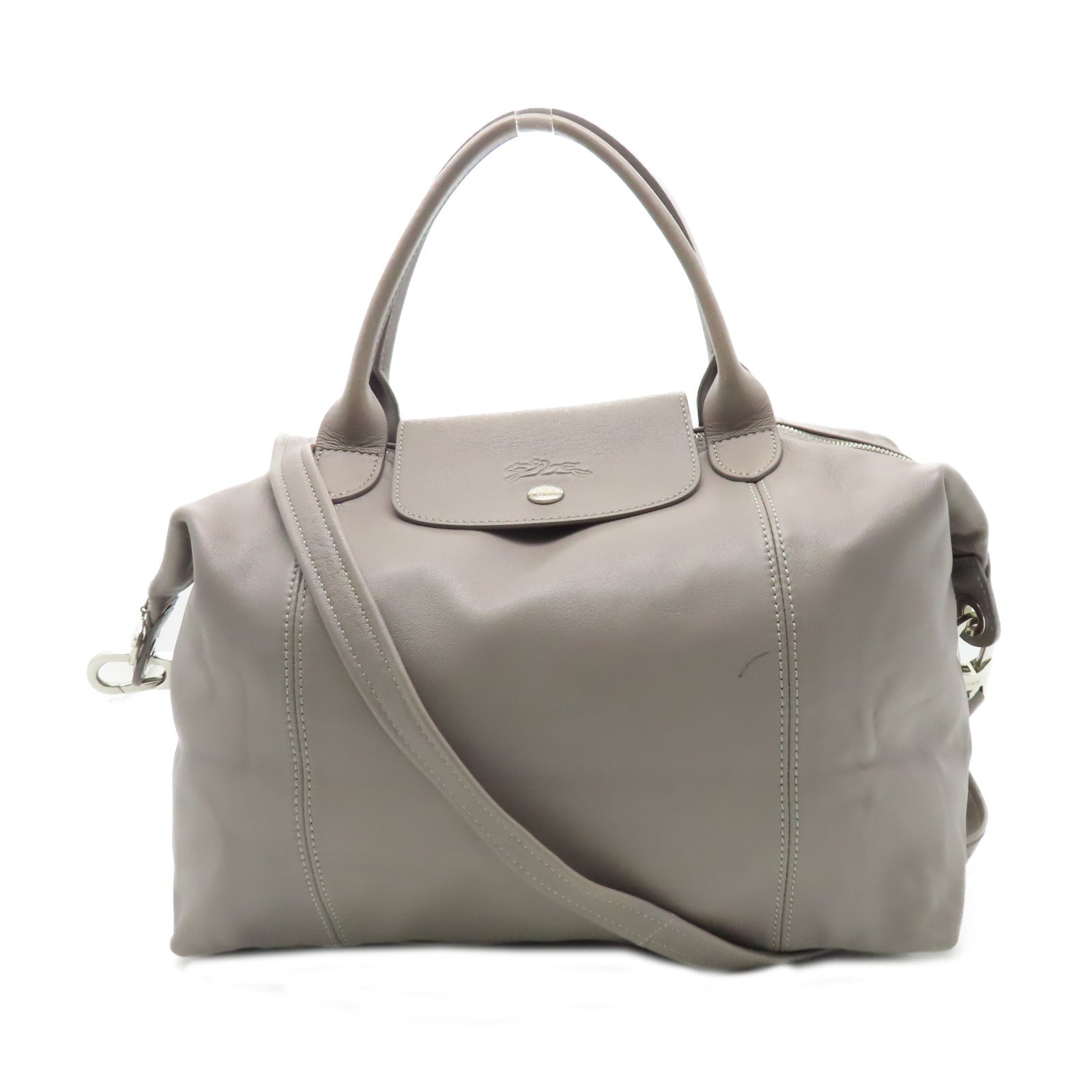 Longchamp 【激減優惠】牛皮皮革2Way Bag銀扣手挽肩背兩用袋卡其色