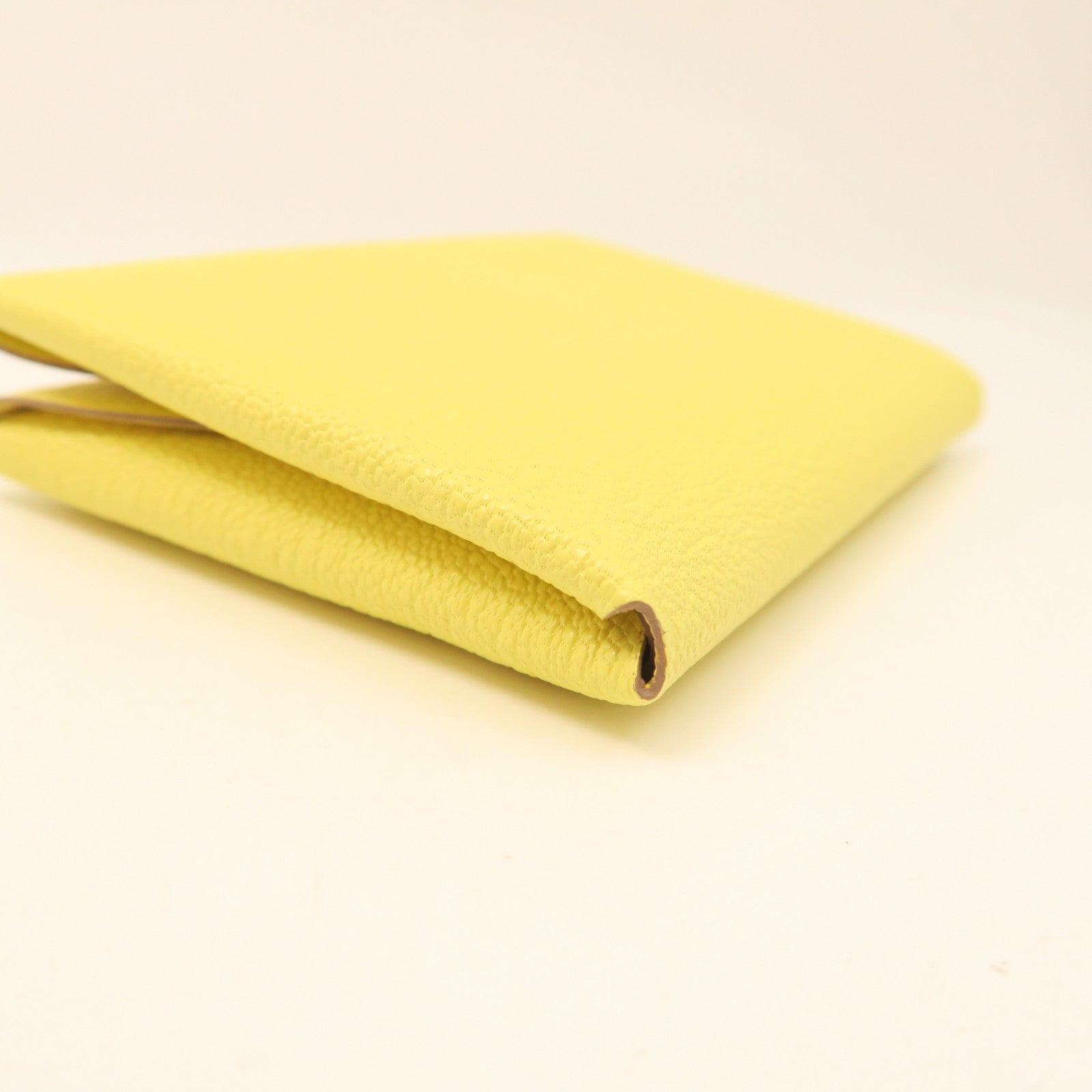 HERMES Chevre Leather Portefeuille Calvi Silver Buckle Card Holder Yellow