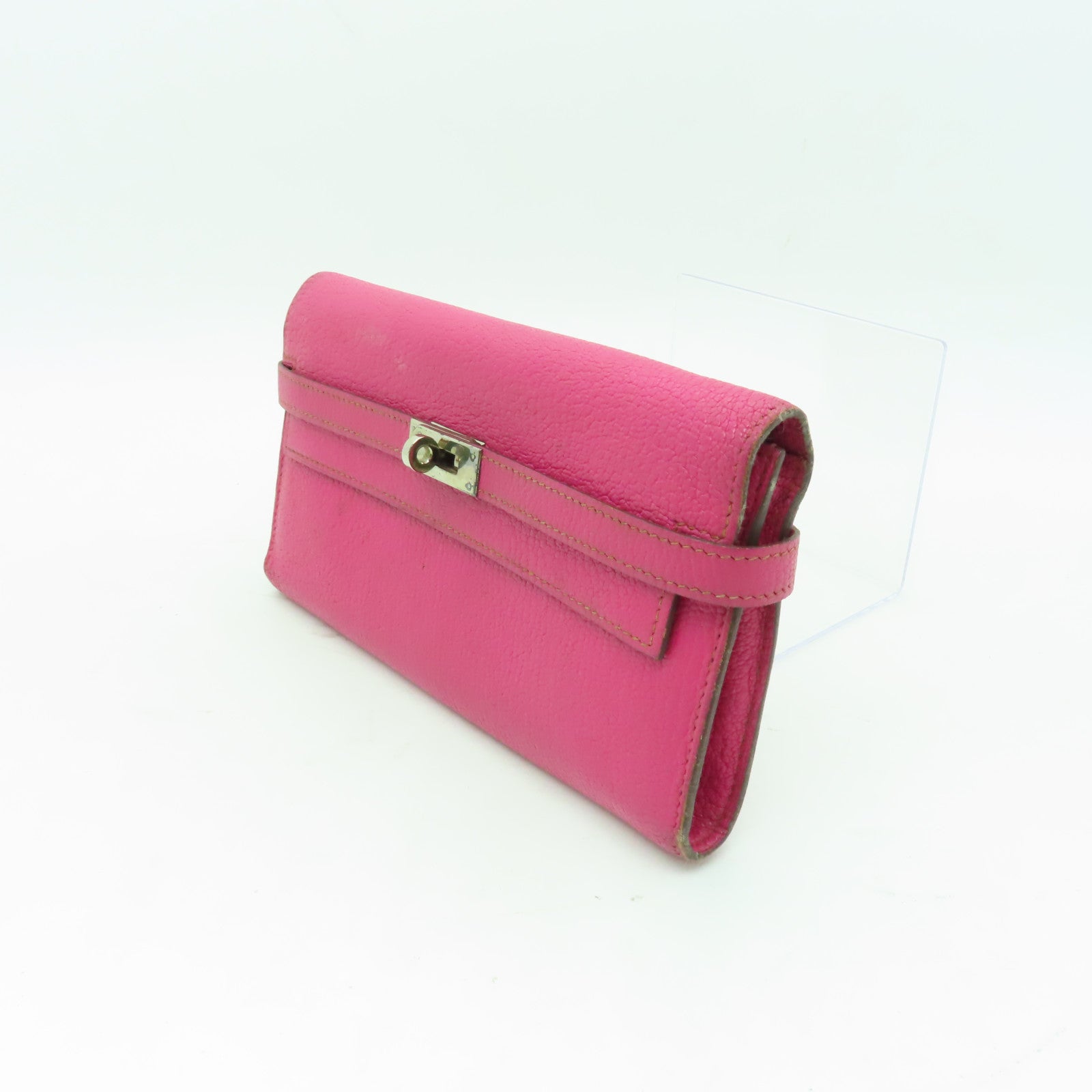 HERMES Chevre皮革Kelly Classic銀扣長錢包Fuschia Pink粉紅色