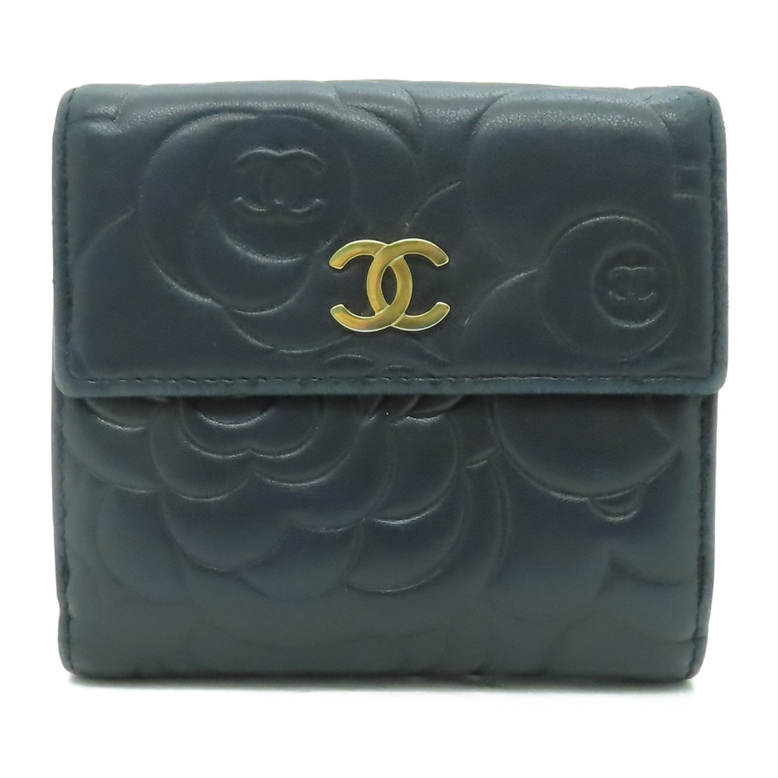 CHANEL 羊皮皮革Wallet金扣錢包深藍色