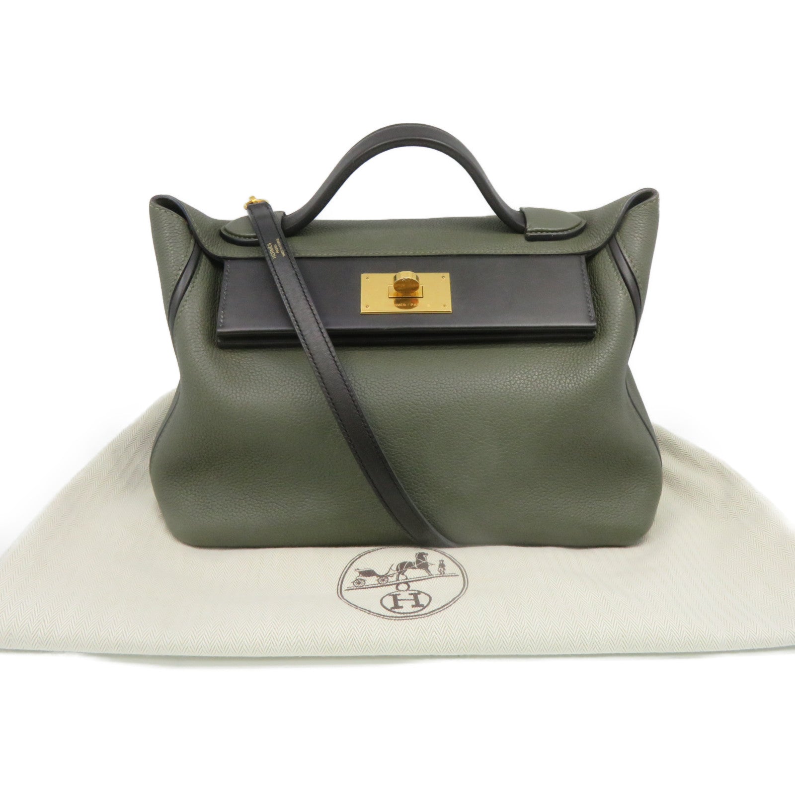HERMES Clemence皮革24/24 29cm 2Way Shoulder Bag金扣手挽肩背两用袋61/60绿色