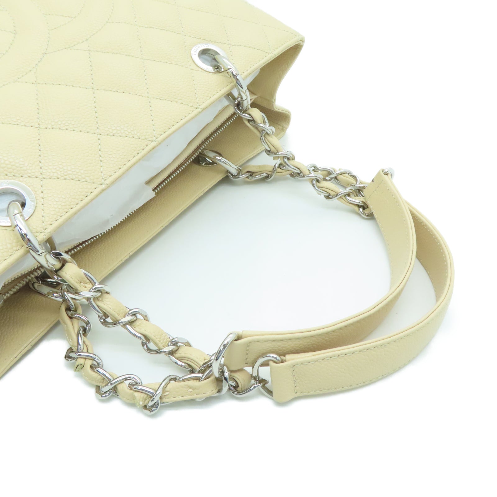 CHANEL 菱格Caviar皮革Totebag银扣链带手挽袋米色